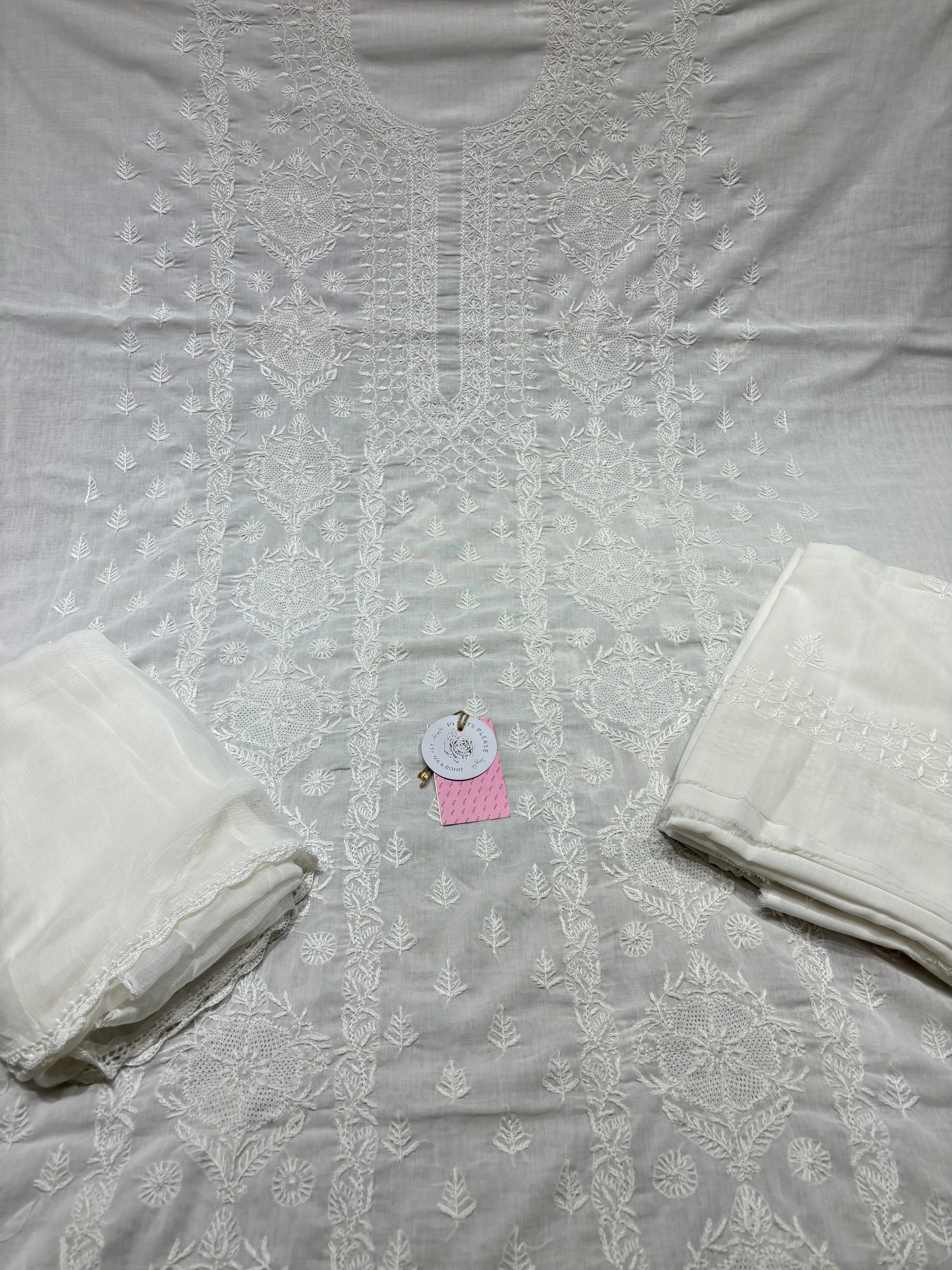 Dyeable Mulmul Chikankari Kurta, Dupatta & Bottom Fabric