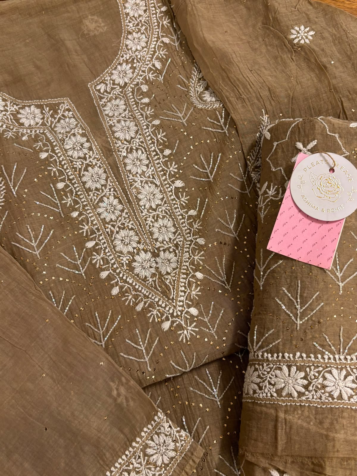 Camel Brown Chanderi Chikankari Mukaish Kurta & Dupatta