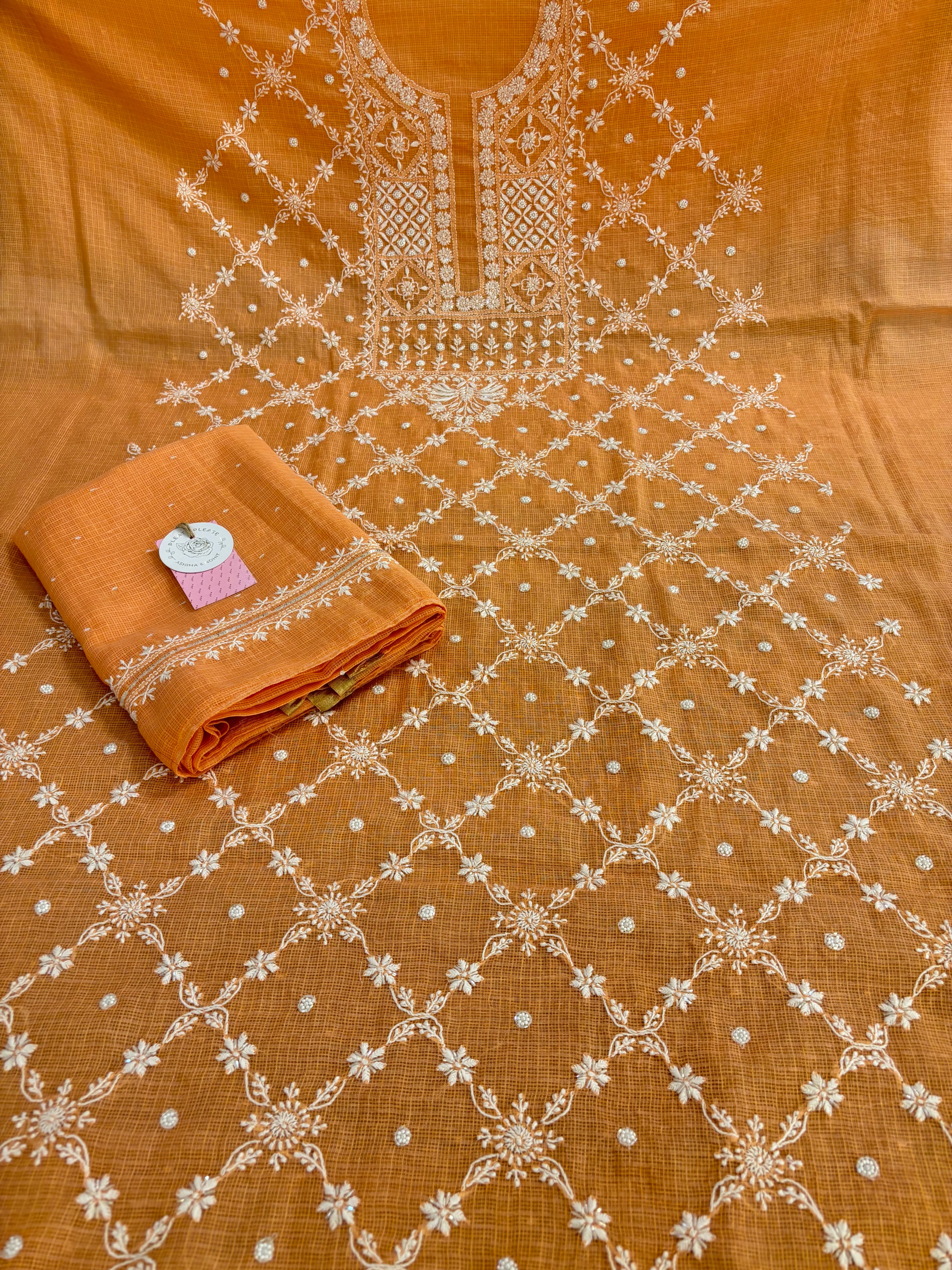 Peach Kota Doria Chikankari Kurta & Dupatta