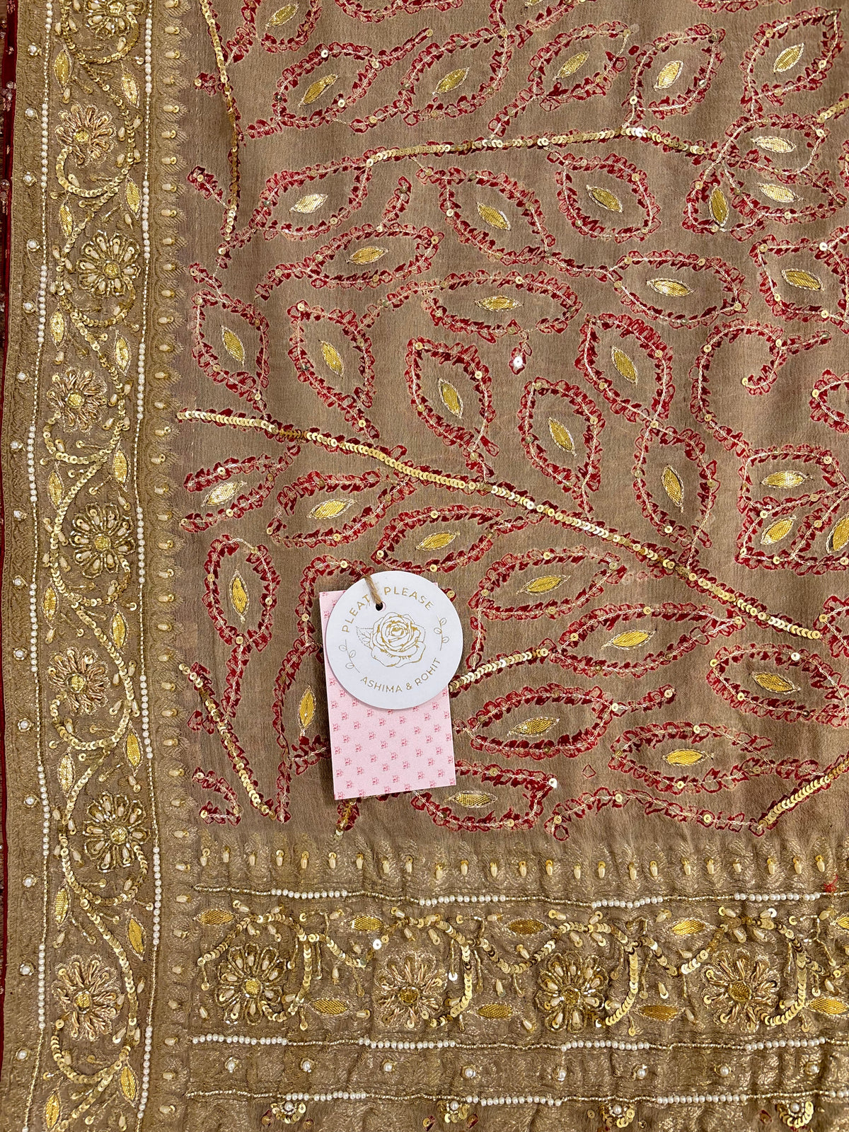 Muddy Gold Pure Georgette Bandhej Centre Boota Zardozi Dupatta