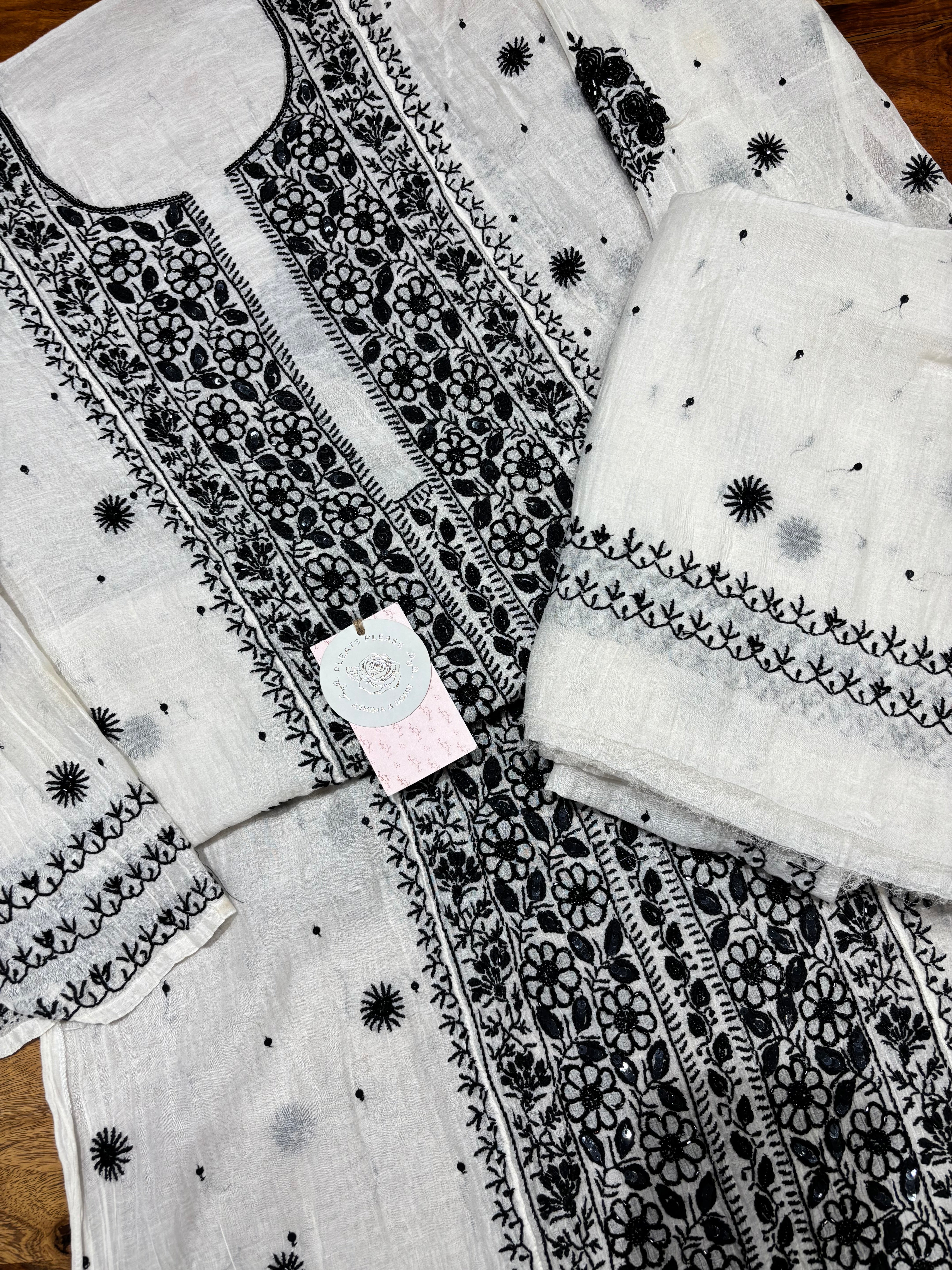 Dyeable Chanderi mul Chikankari Kurta and Dupatta Set
