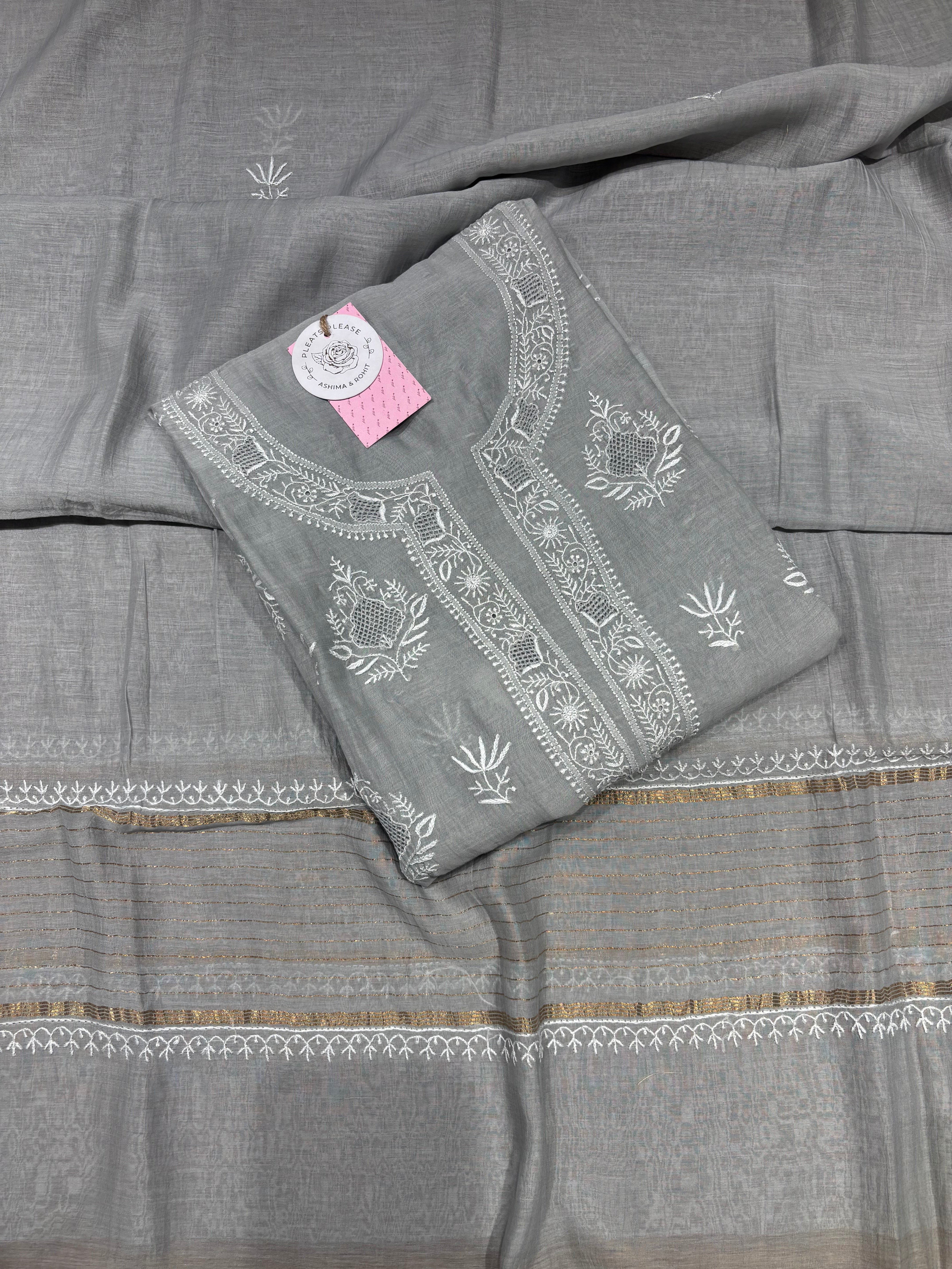 Gray Chanderi Mul Chikankari Kurta & Dupatta Set