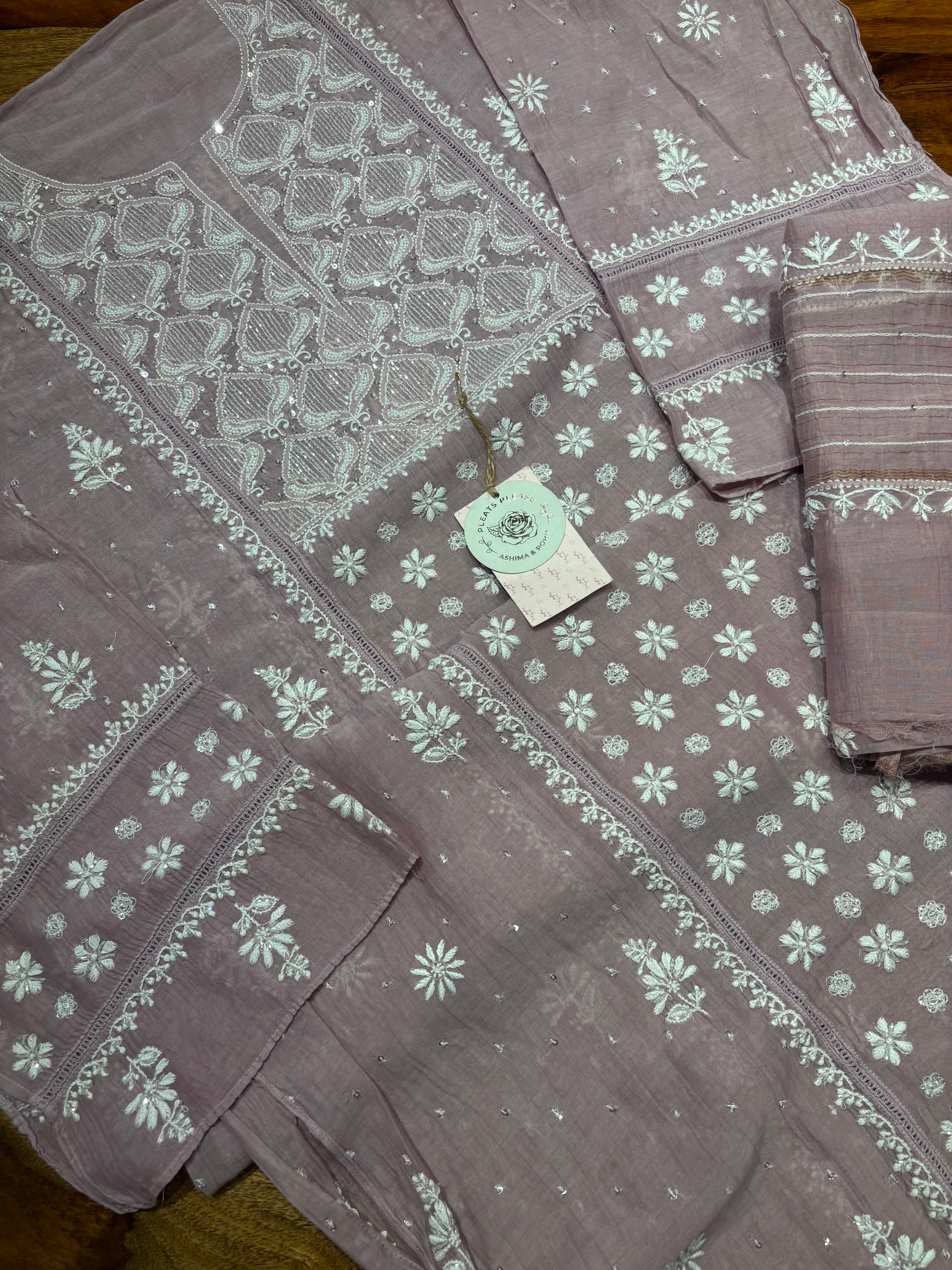 Lavender Latte Chanderi Mul Chikankari Kurta and Dupatta set