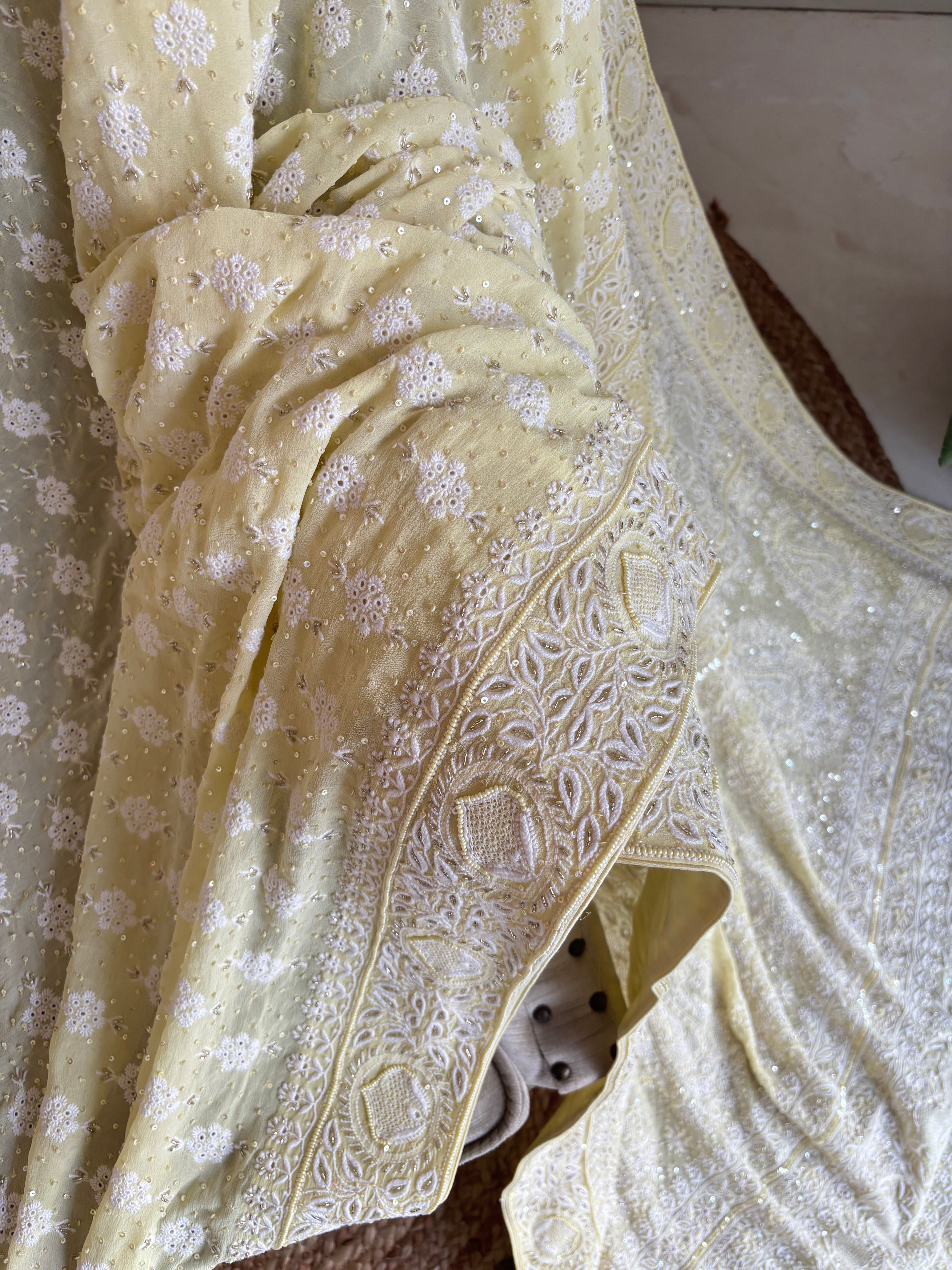Lime Yellow Pure Georgette Chikankari saree and Blouse