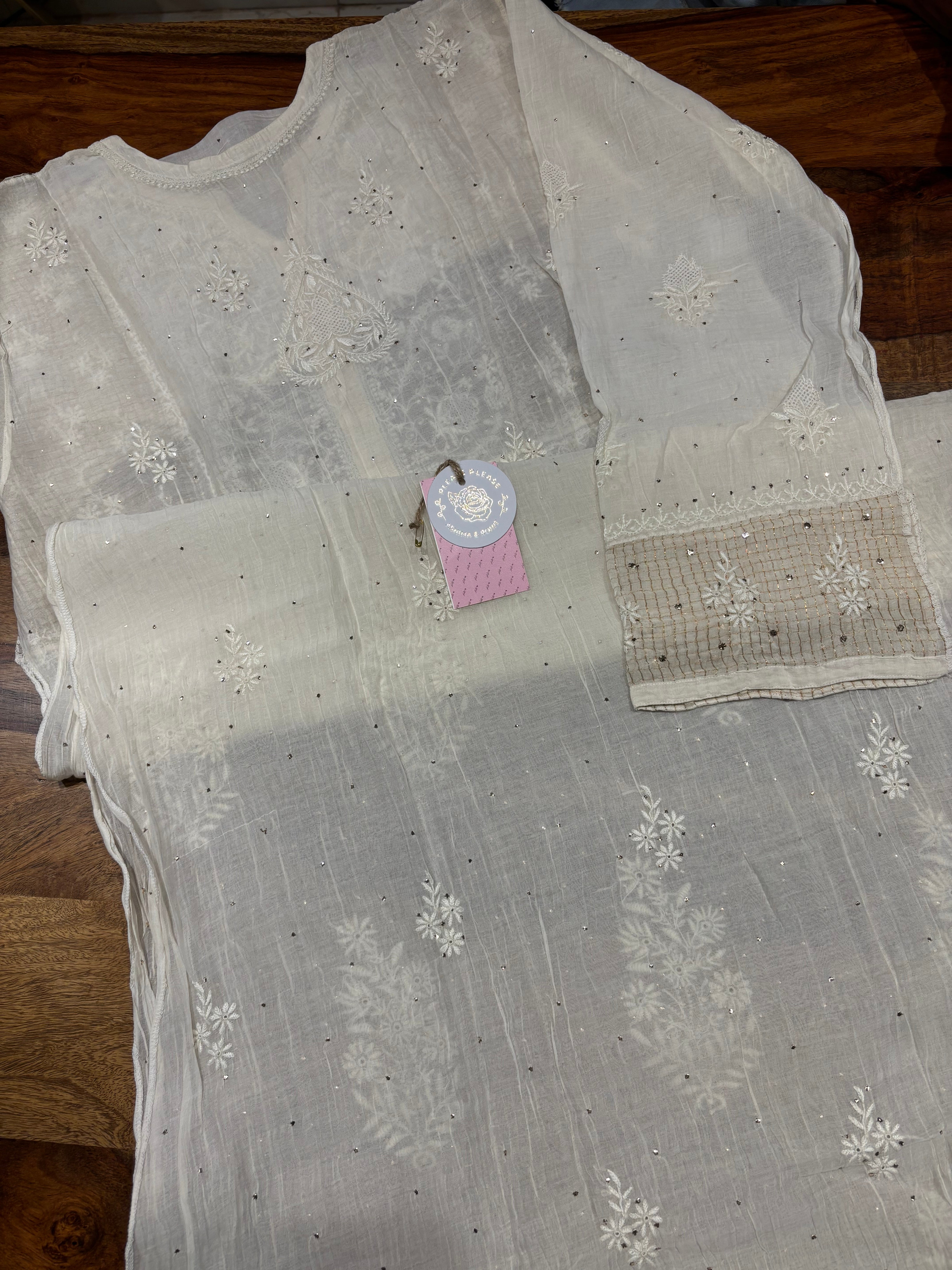 Dyeable Chanderi Mul Chikankari & Mukaish Kurta & Dupatta Set