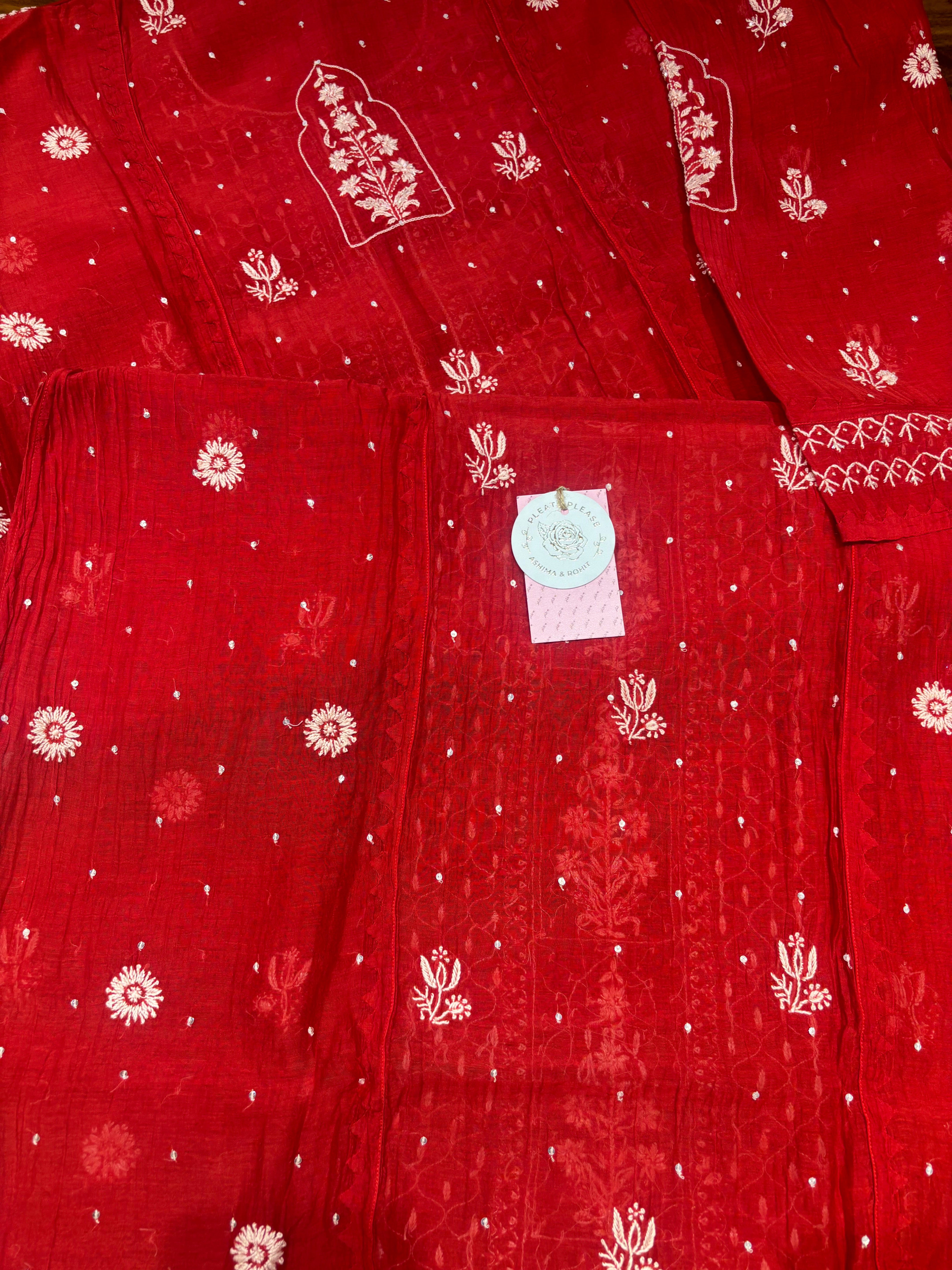 Red Chanderi Mul Chikankari Kurta and Dupatta Set