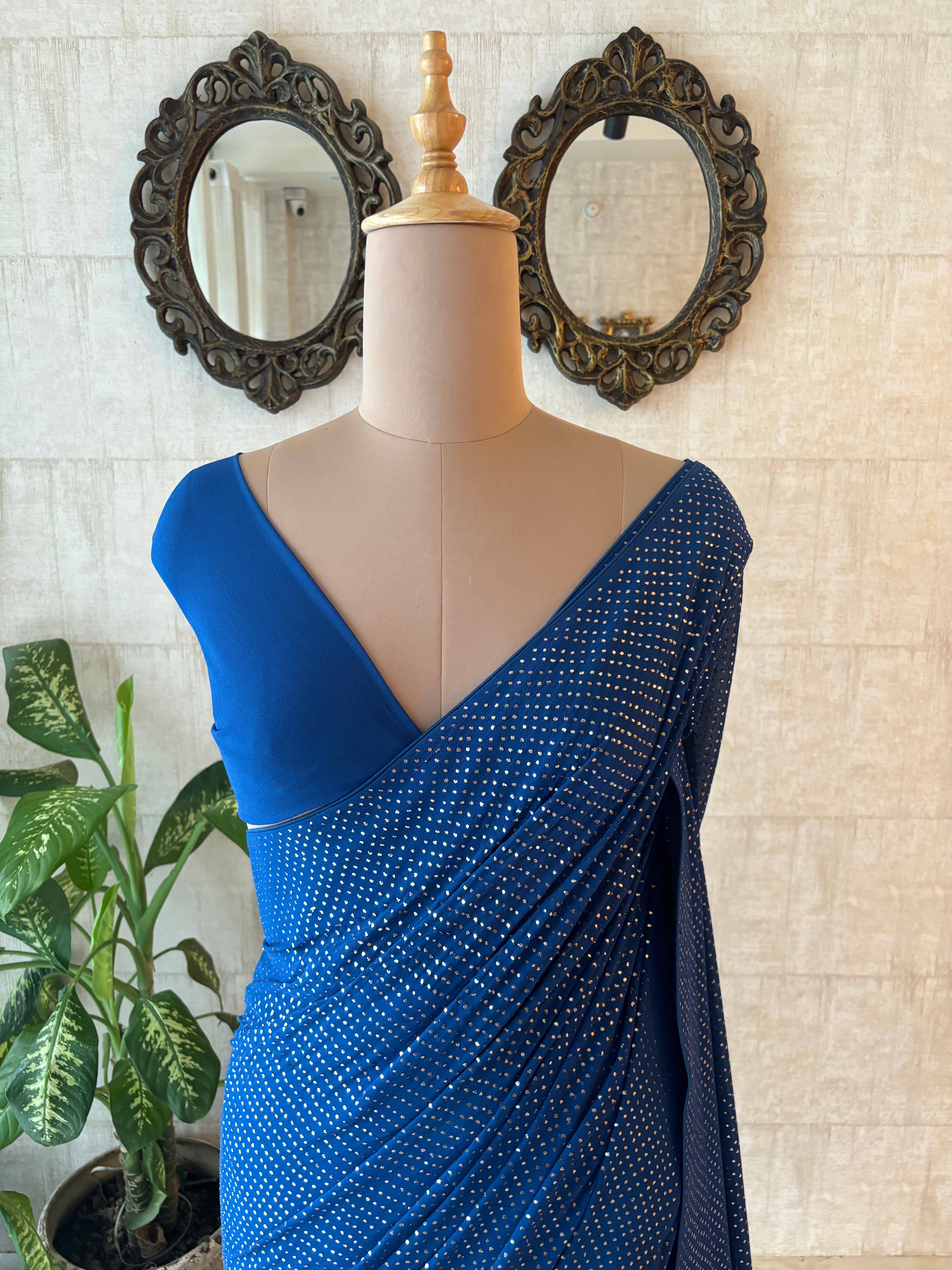 Electric Blue Pure & Premium Georgette Mukaish Saree & Blouse