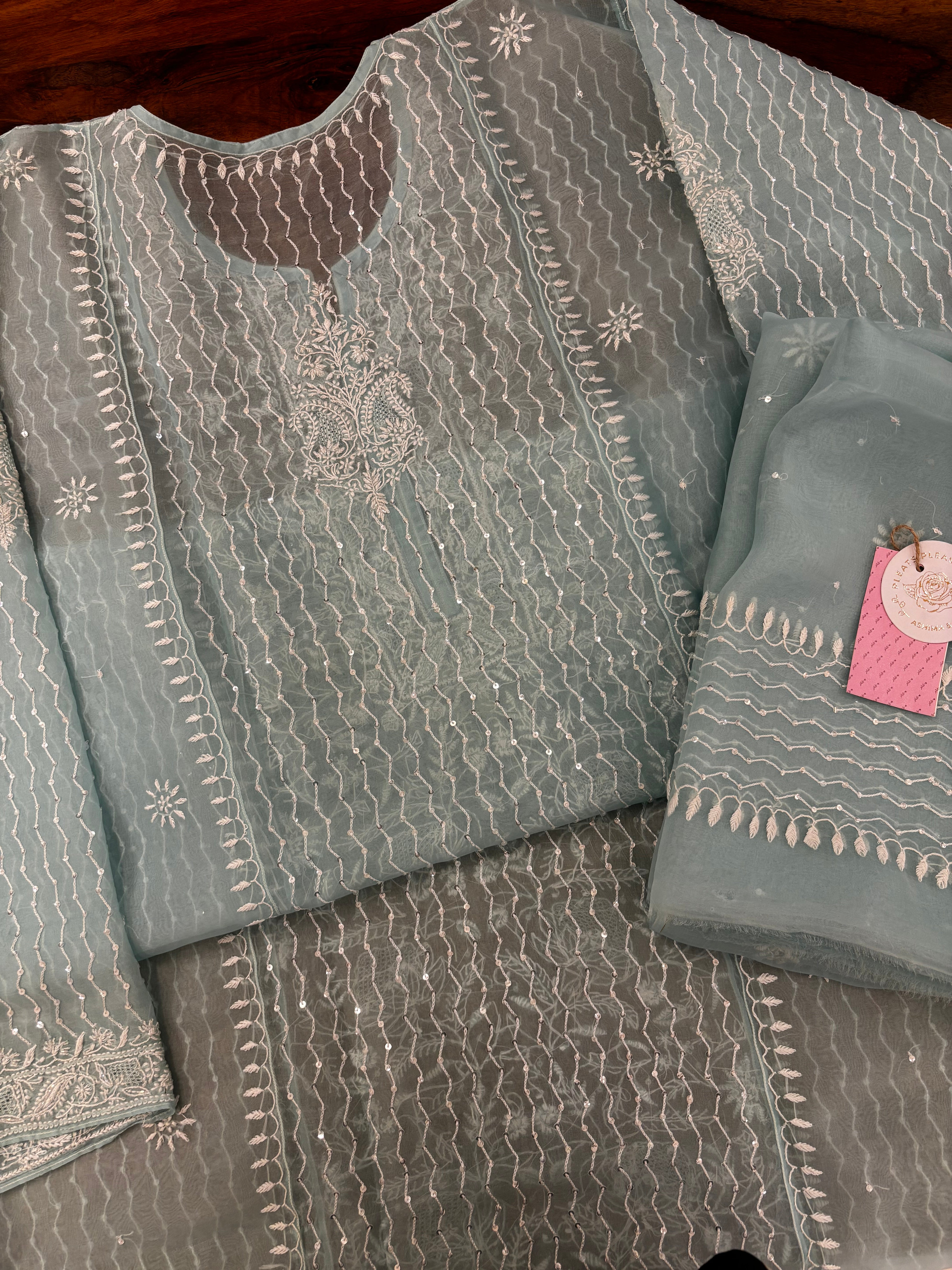 Mint Green Pure Organza Chikankari Kurta & Dupatta - Pleats PleaseChikankari