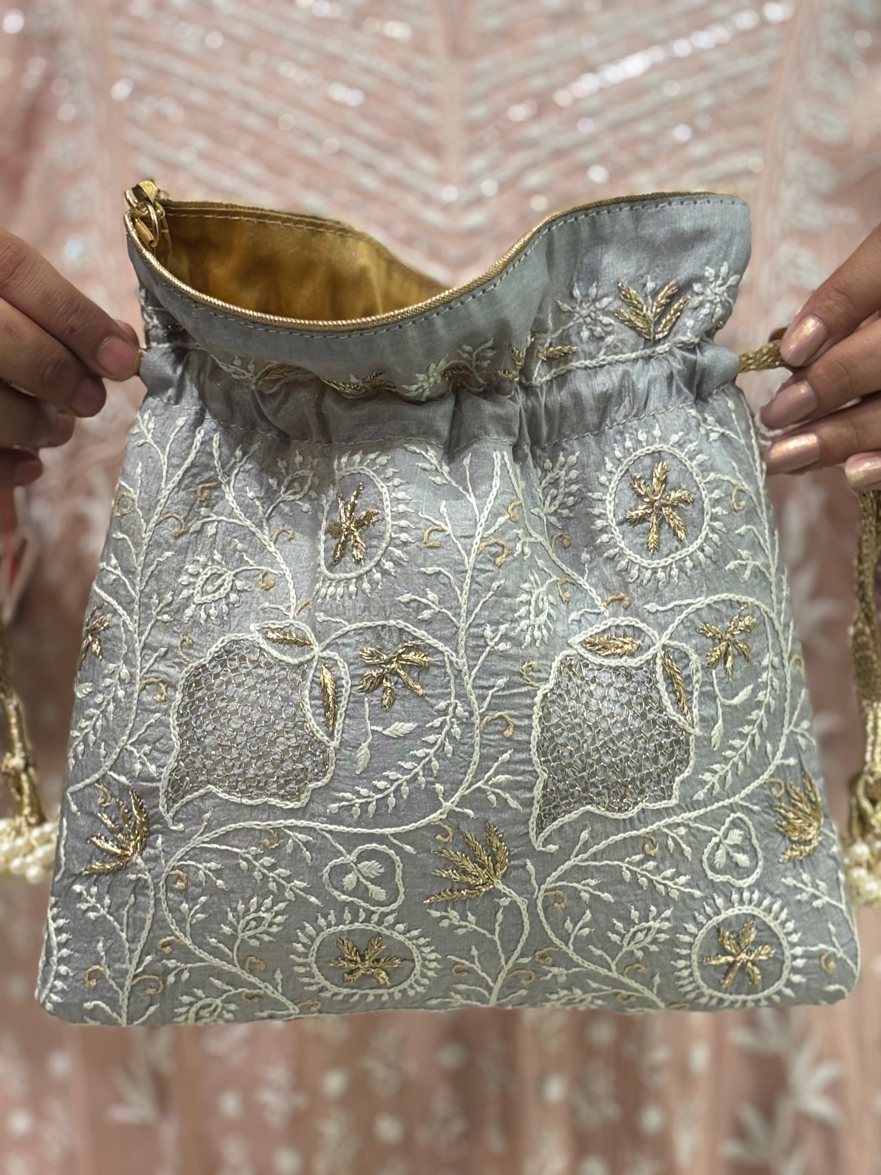 Ice Blue Silk Chikankari Potli