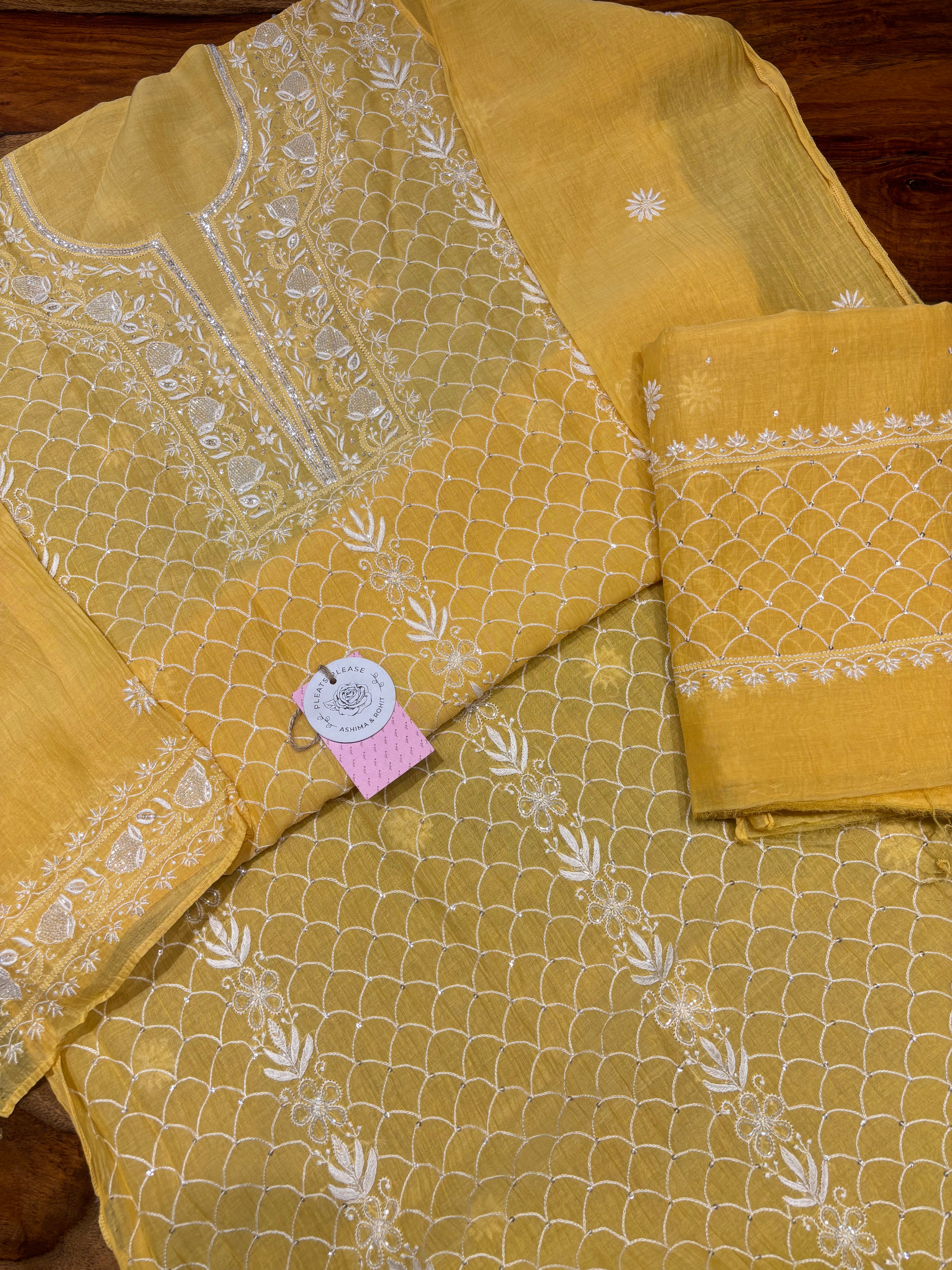 Yellow Chanderi Mul Chikankari Kurta & Dupatta Set