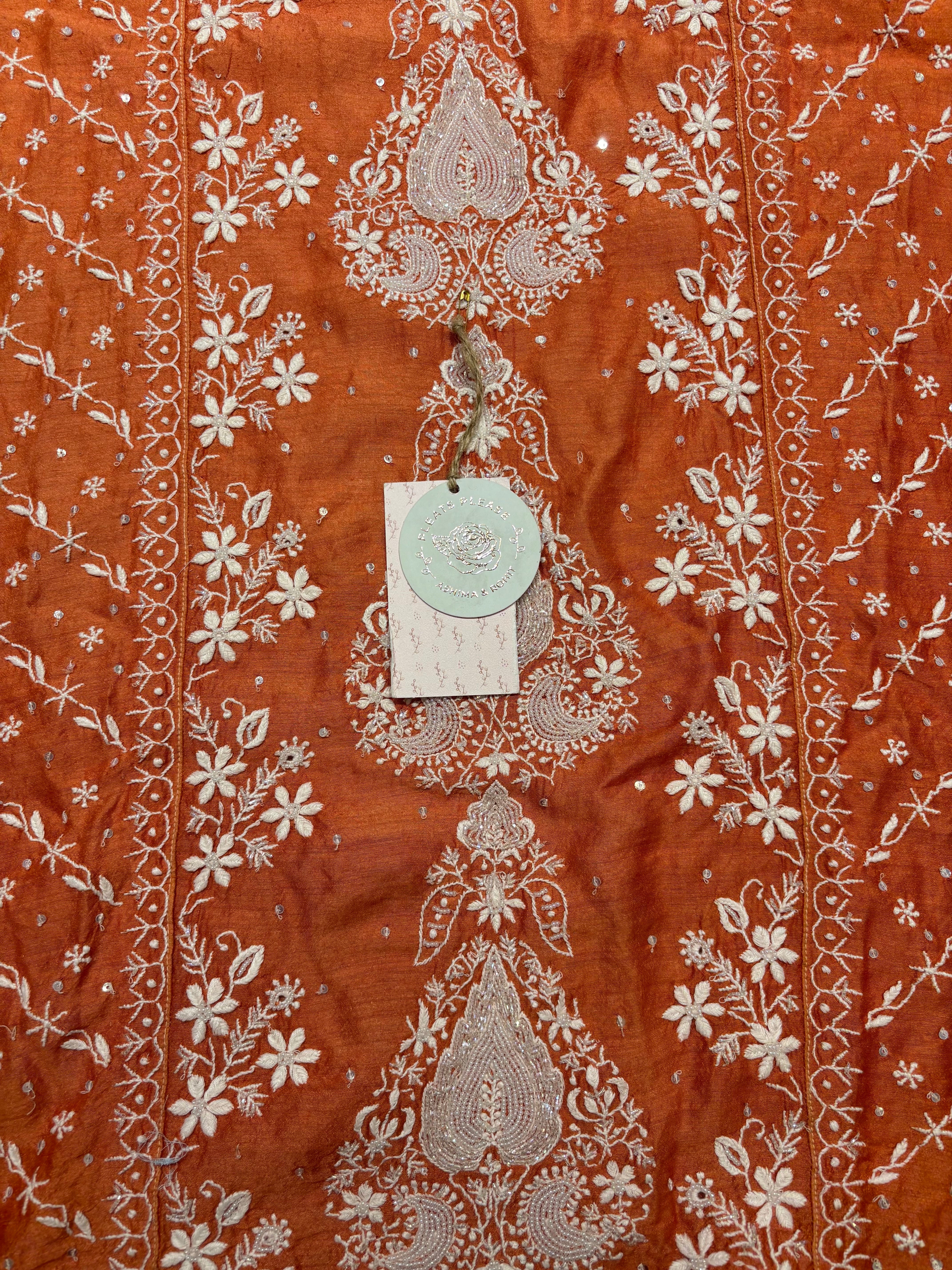 Burnt Orange Monga Silk Chikankari Kurta And Dupatta Set