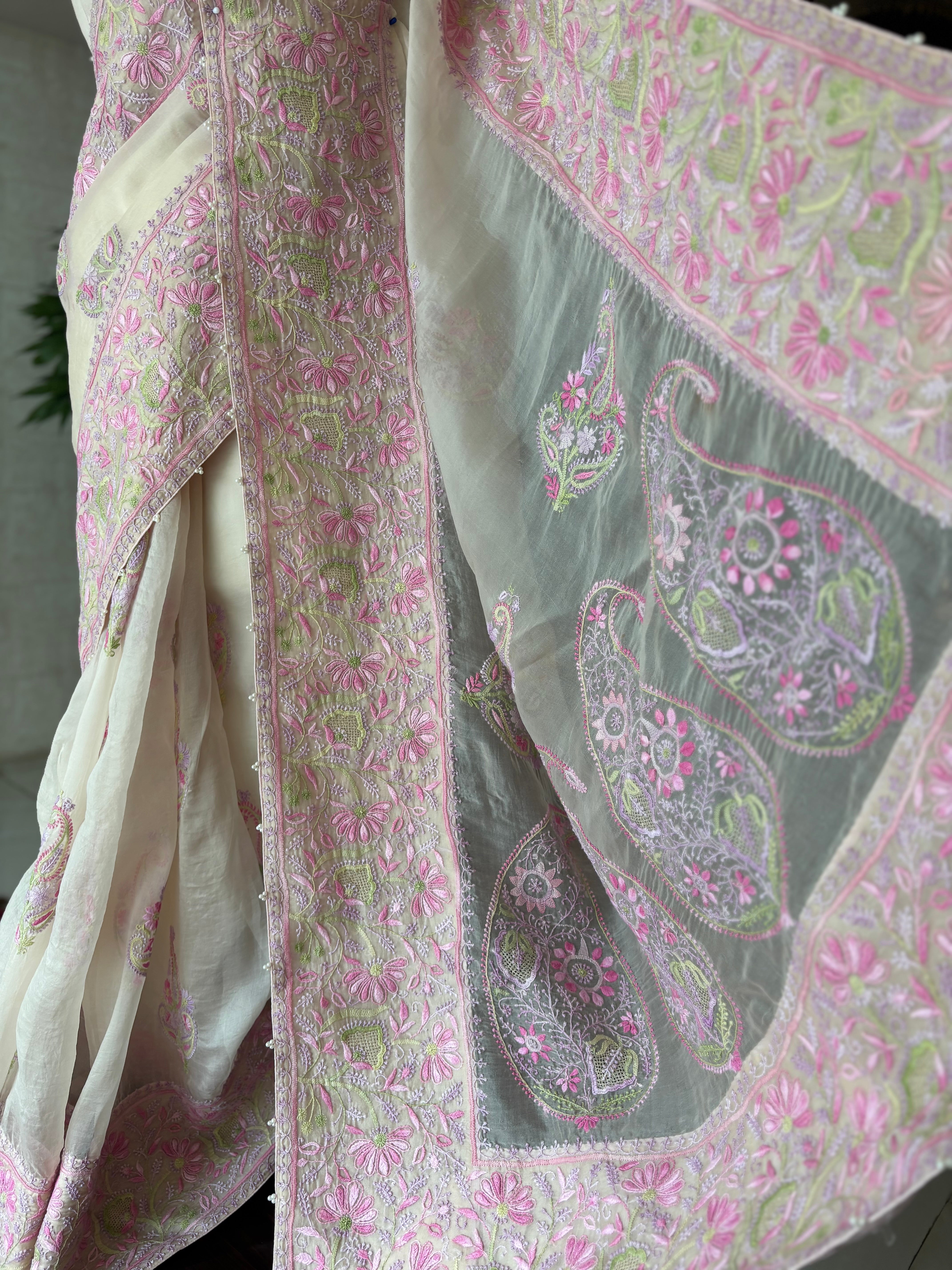 Nude Peach Pure & Premium Organza Chikankari Saree & Blouses - Pleats PleaseChikankari