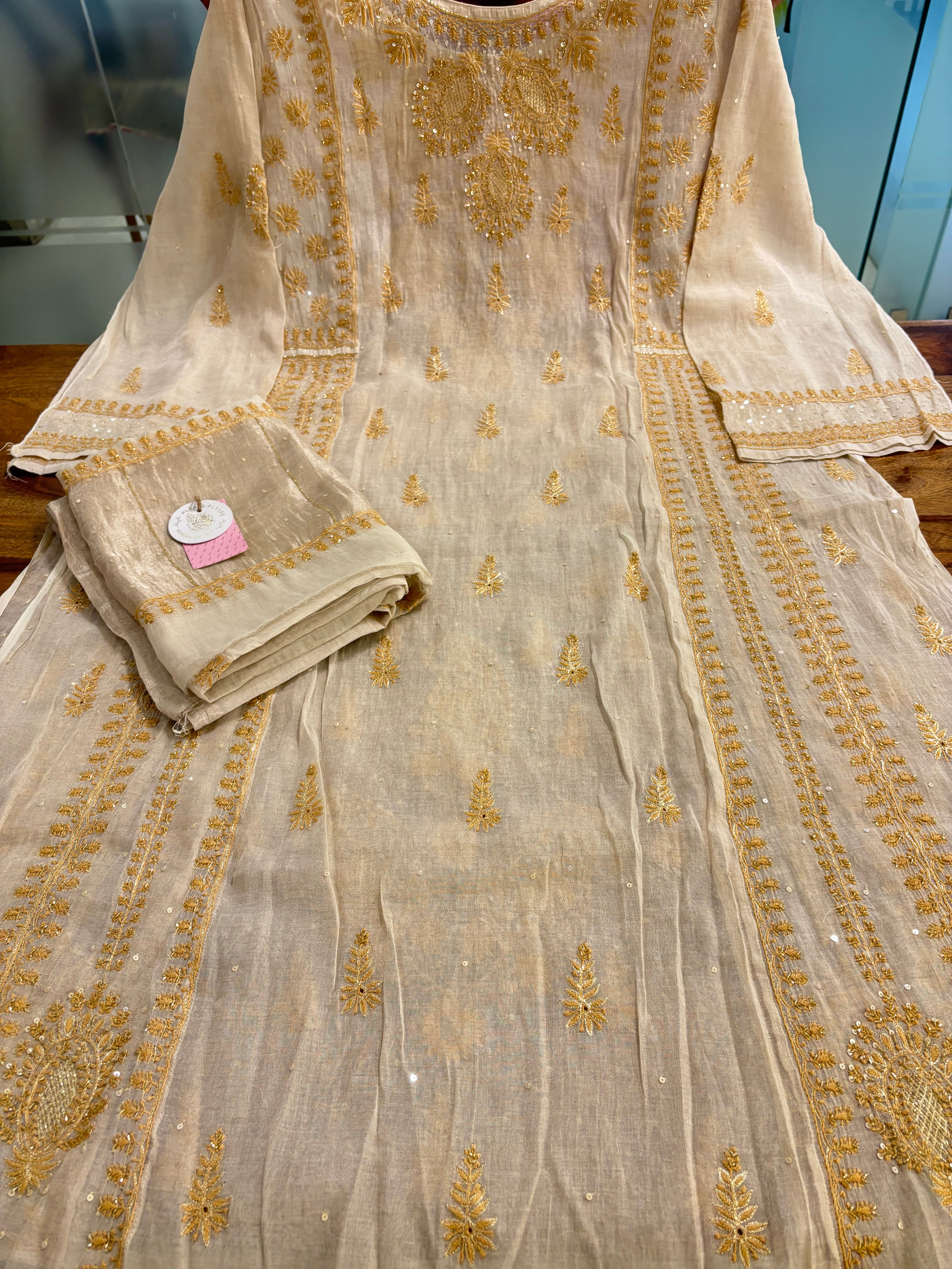 Dyeable Ivory Silver Pure & Premium Tissue Chikankari Kurta & Dupatta