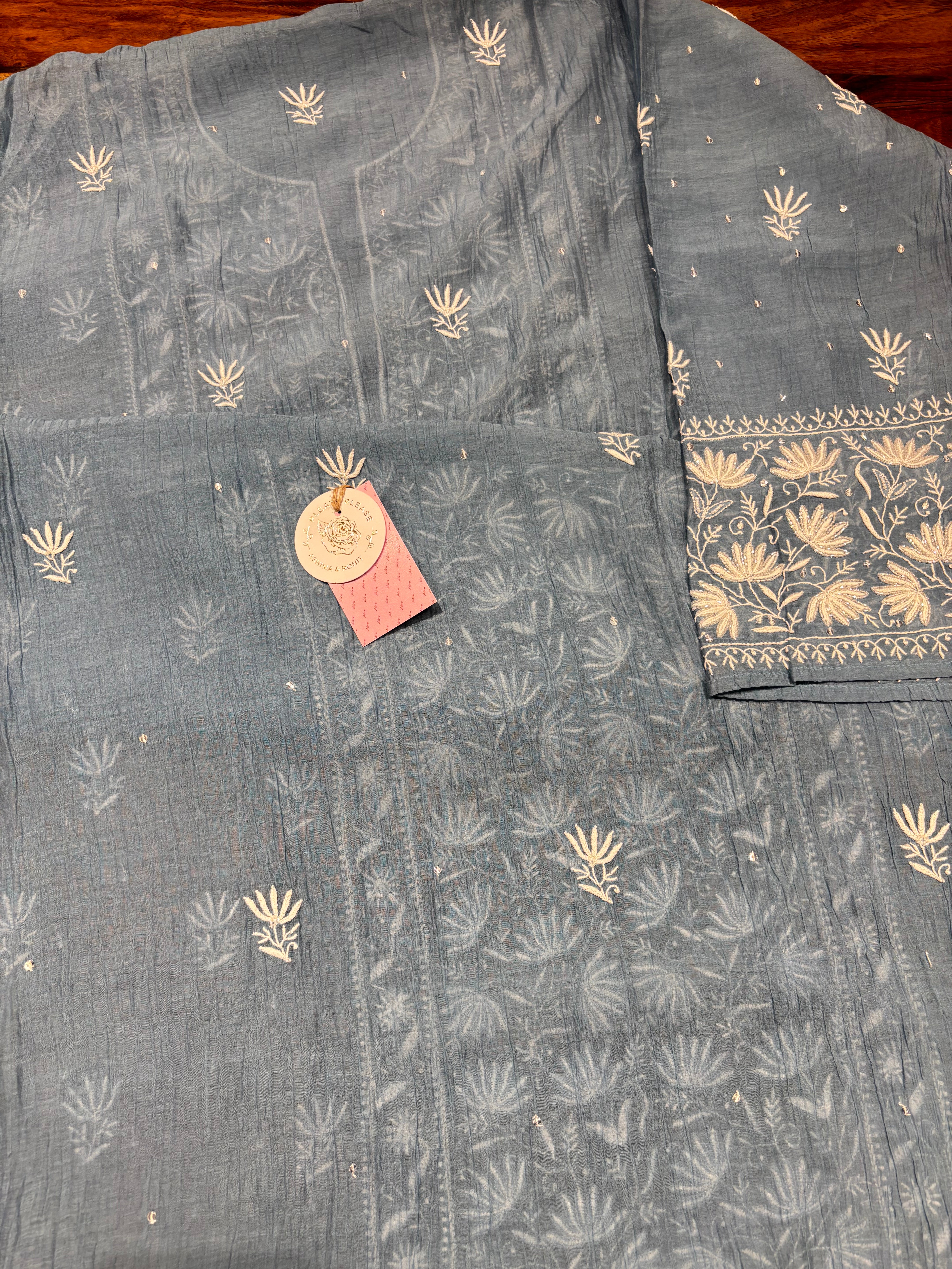 Blue Chanderi Mul Chikankari Kurta & Dupatta Set