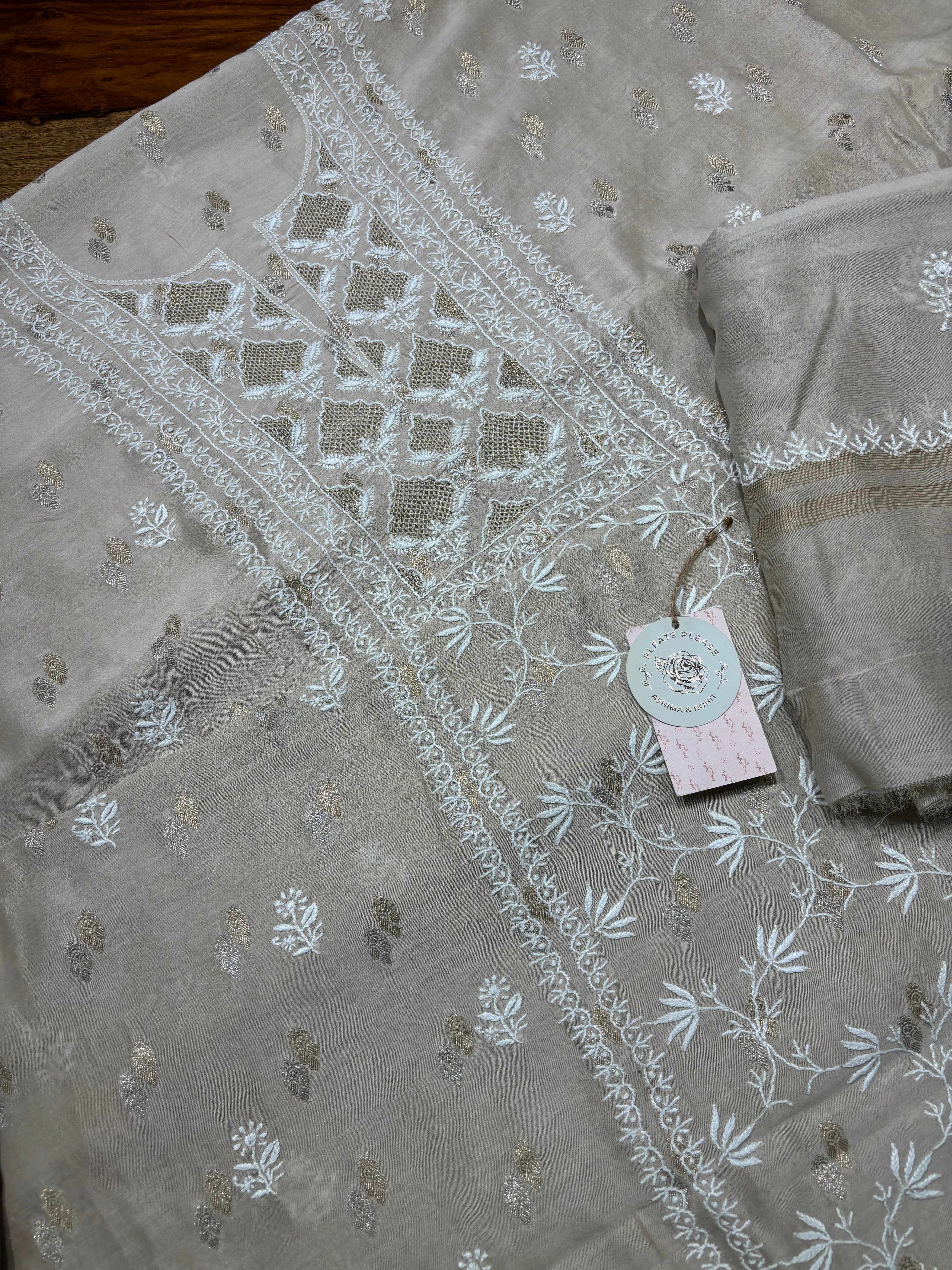 Coffee Creme Chanderi Silk Chikankari Kurta And Dupatta Fabric