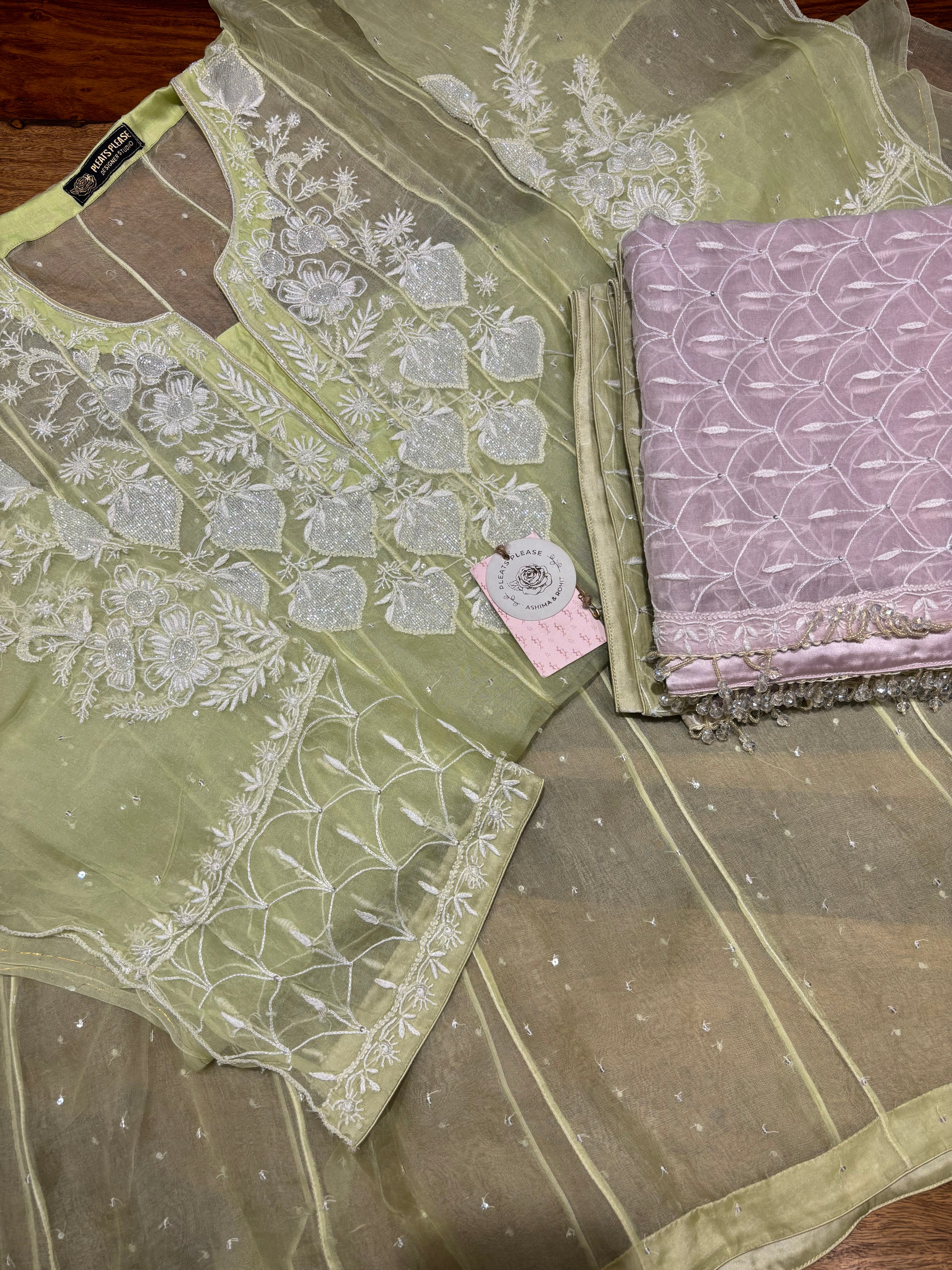 Green Organza Chikankari Anarkali & Dupatta Set