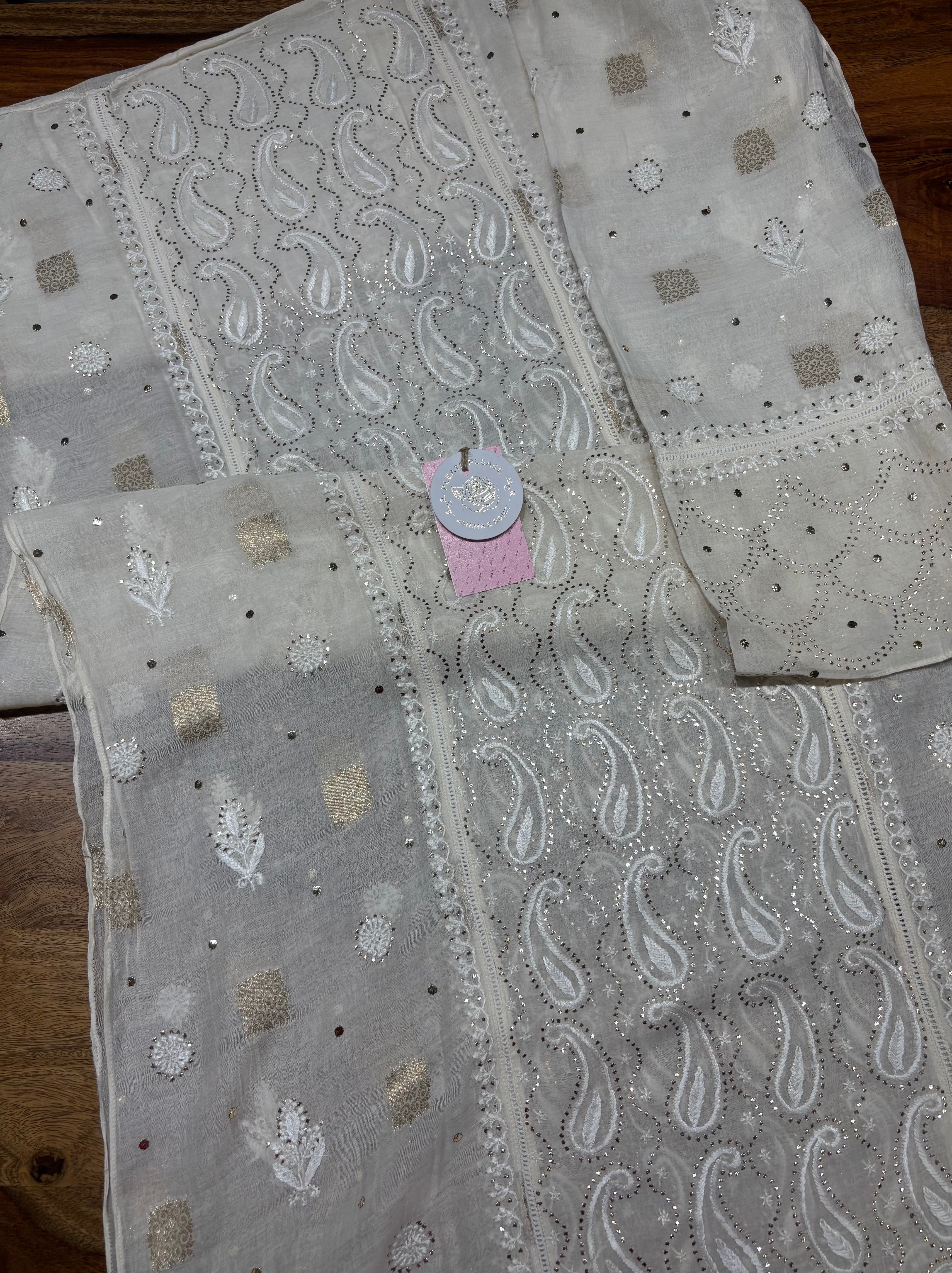 Dyeable Chanderi Mul Chikankari & Mukaish Kurta & Dupatta Set