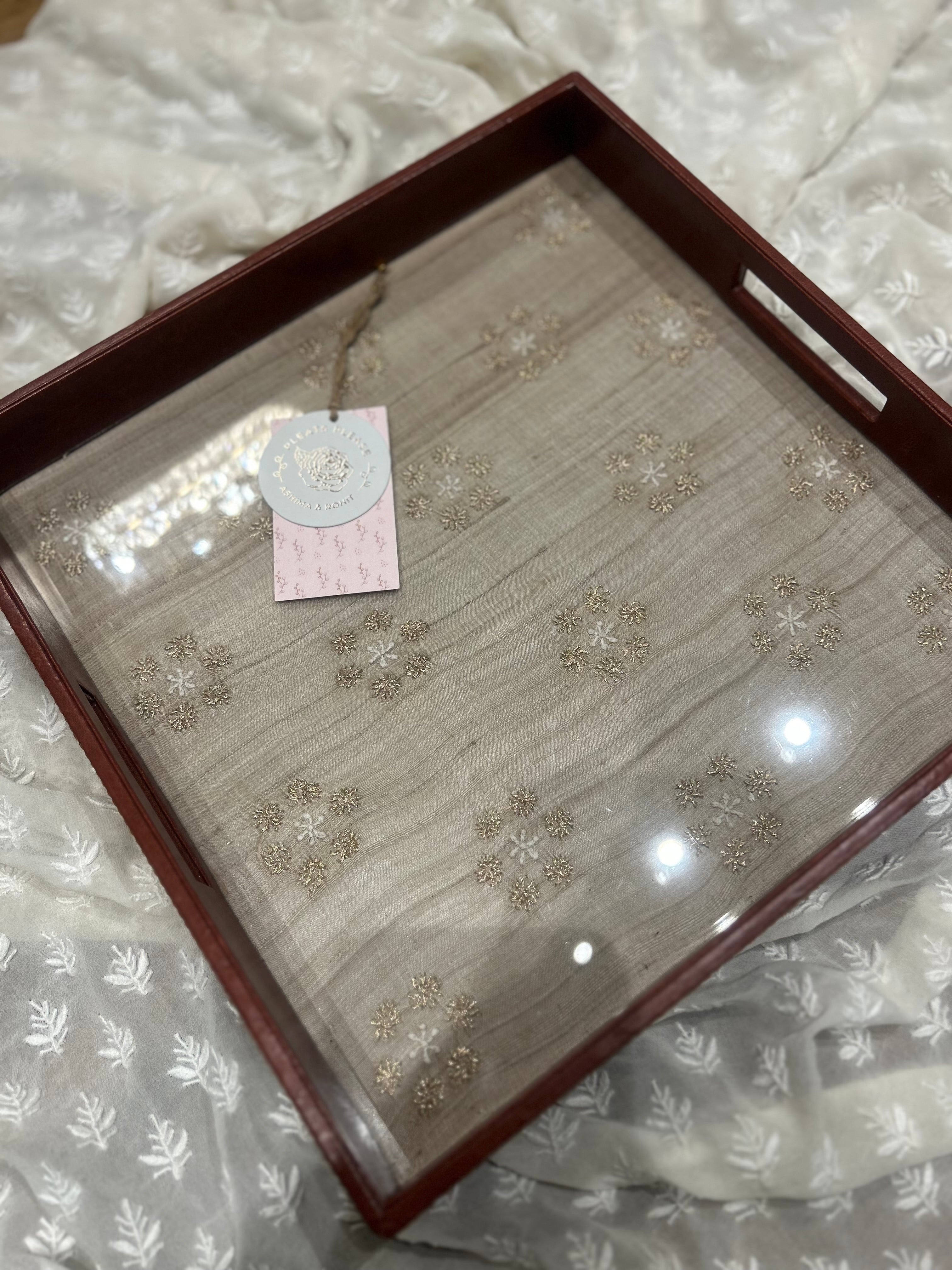 Fawn Silk Square Chikankari Leather Tray
