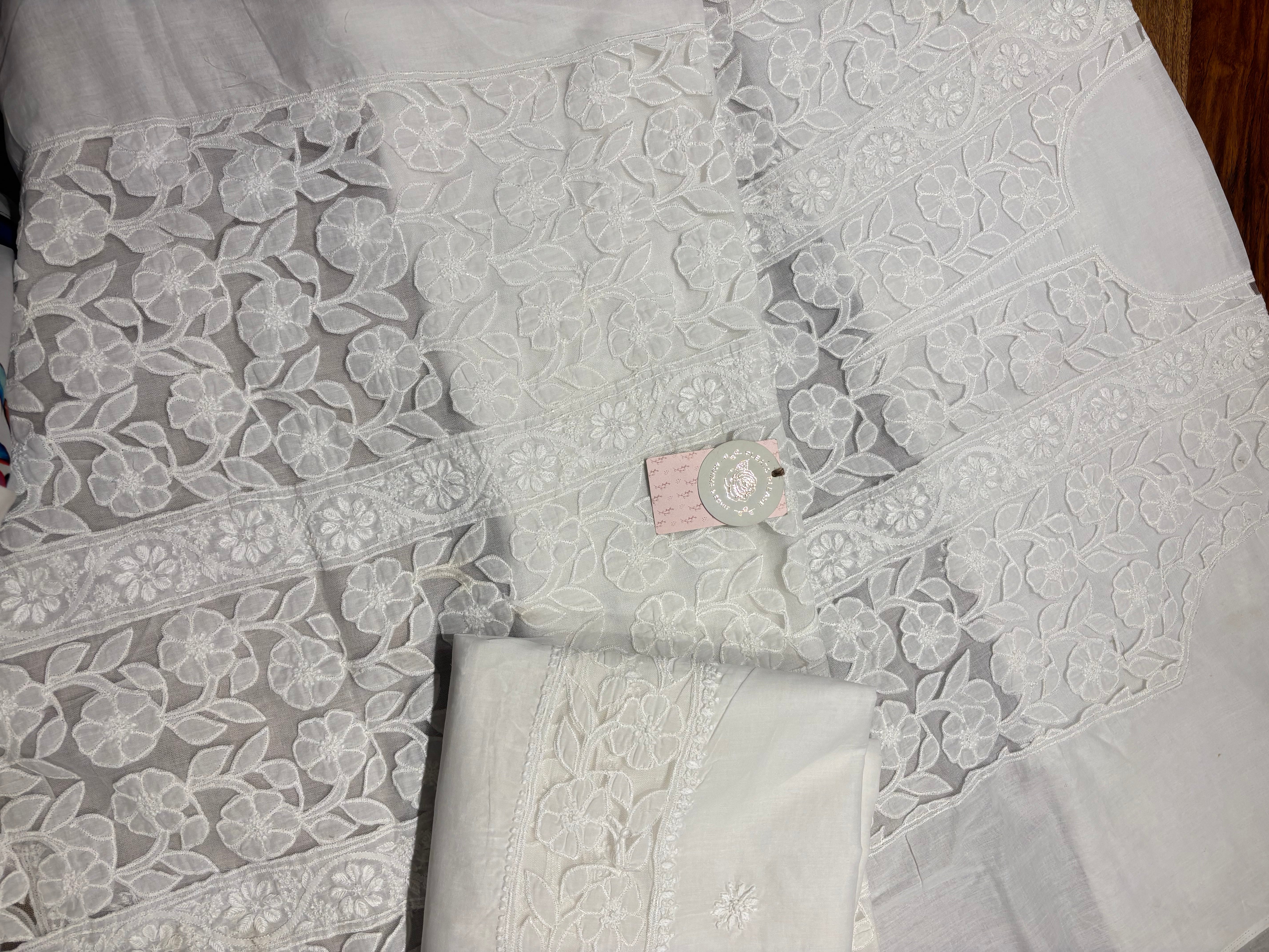 White Mulmul Soft Net Chikankari Applique Kurta And Dupatta Fabric