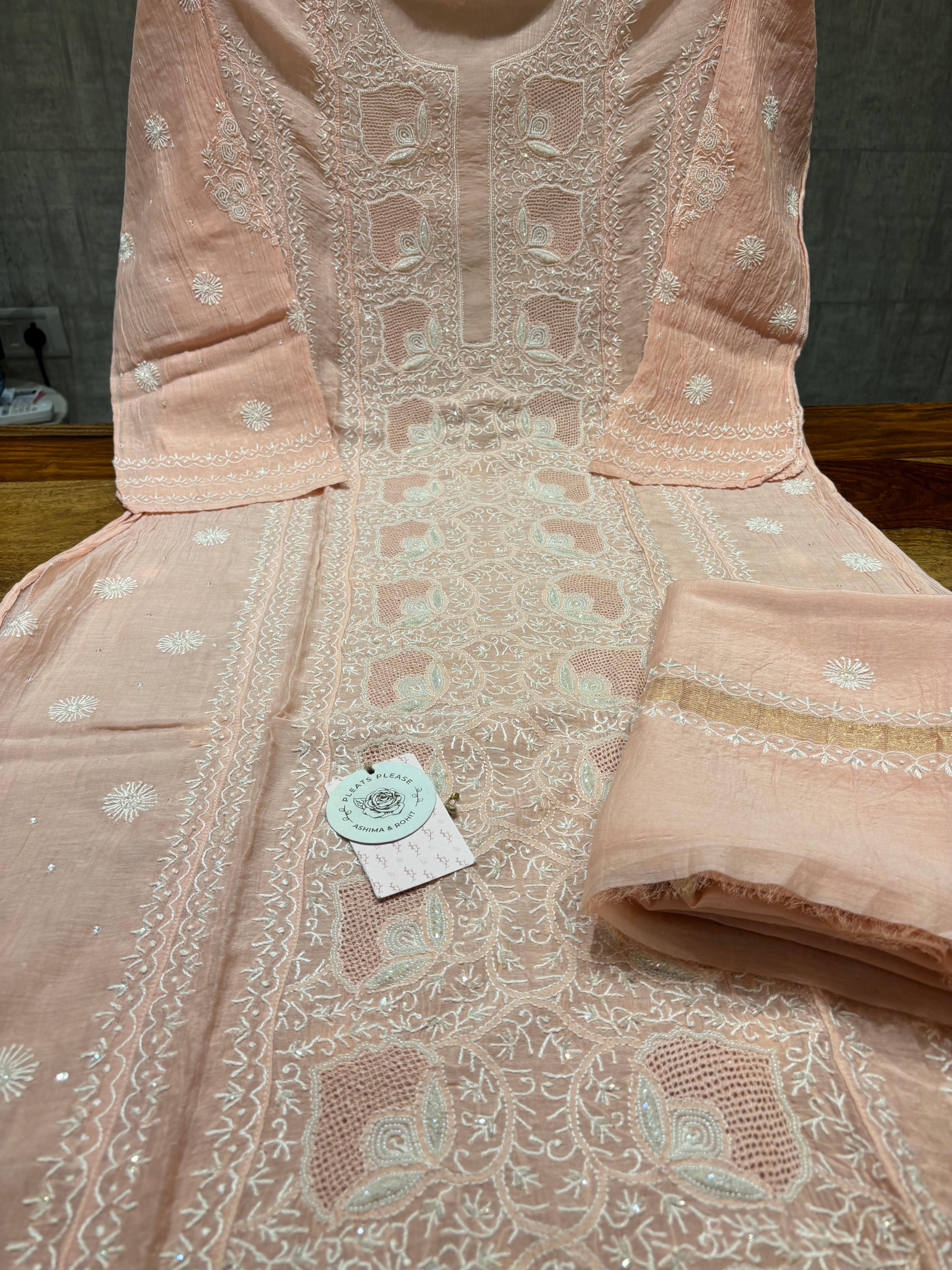 Peach Chanderi Mul Chikankari Kurta and Dupatta Set