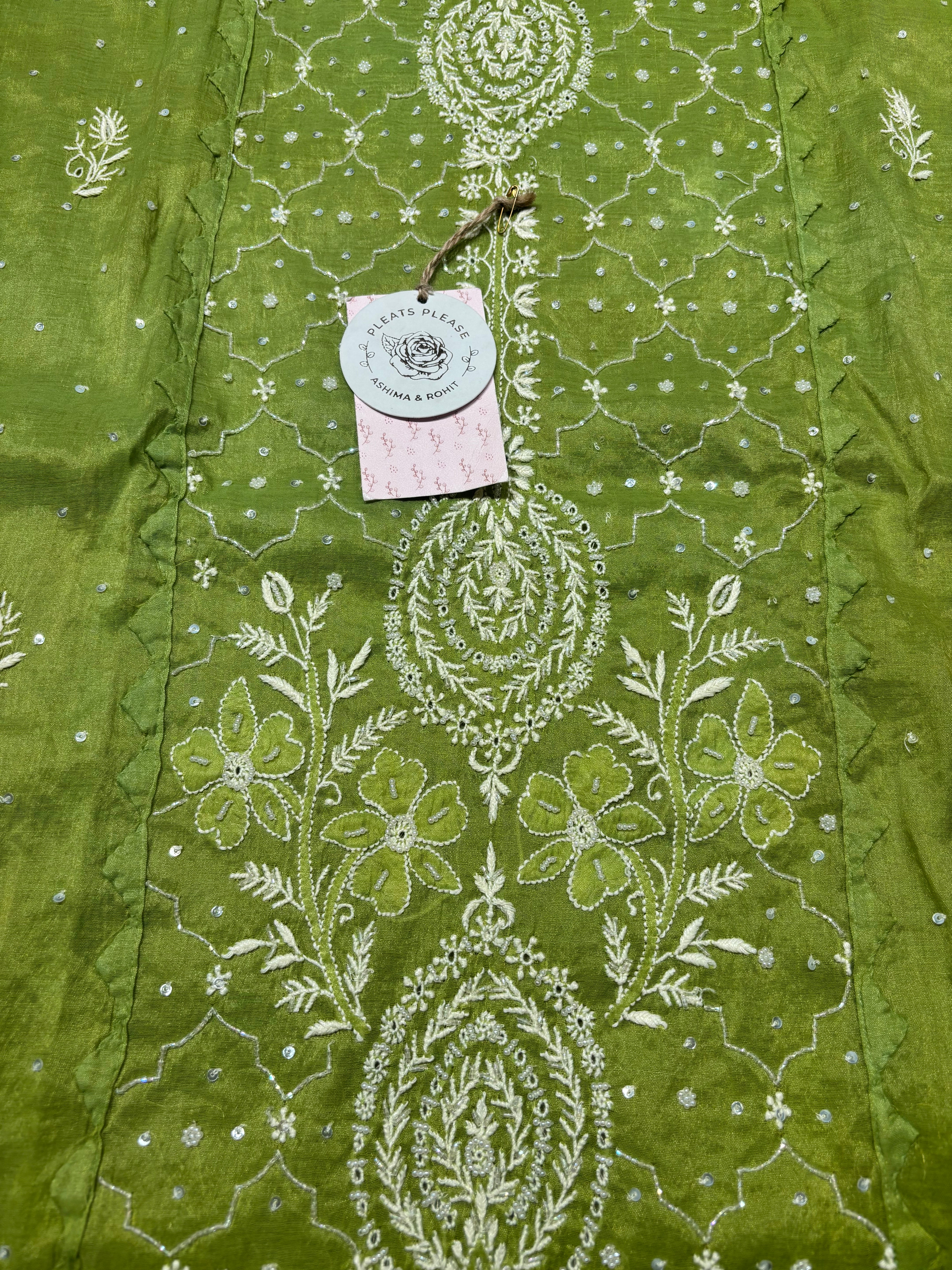 Green Chanderi Silk Chikankari Kurta And Dupatta Set