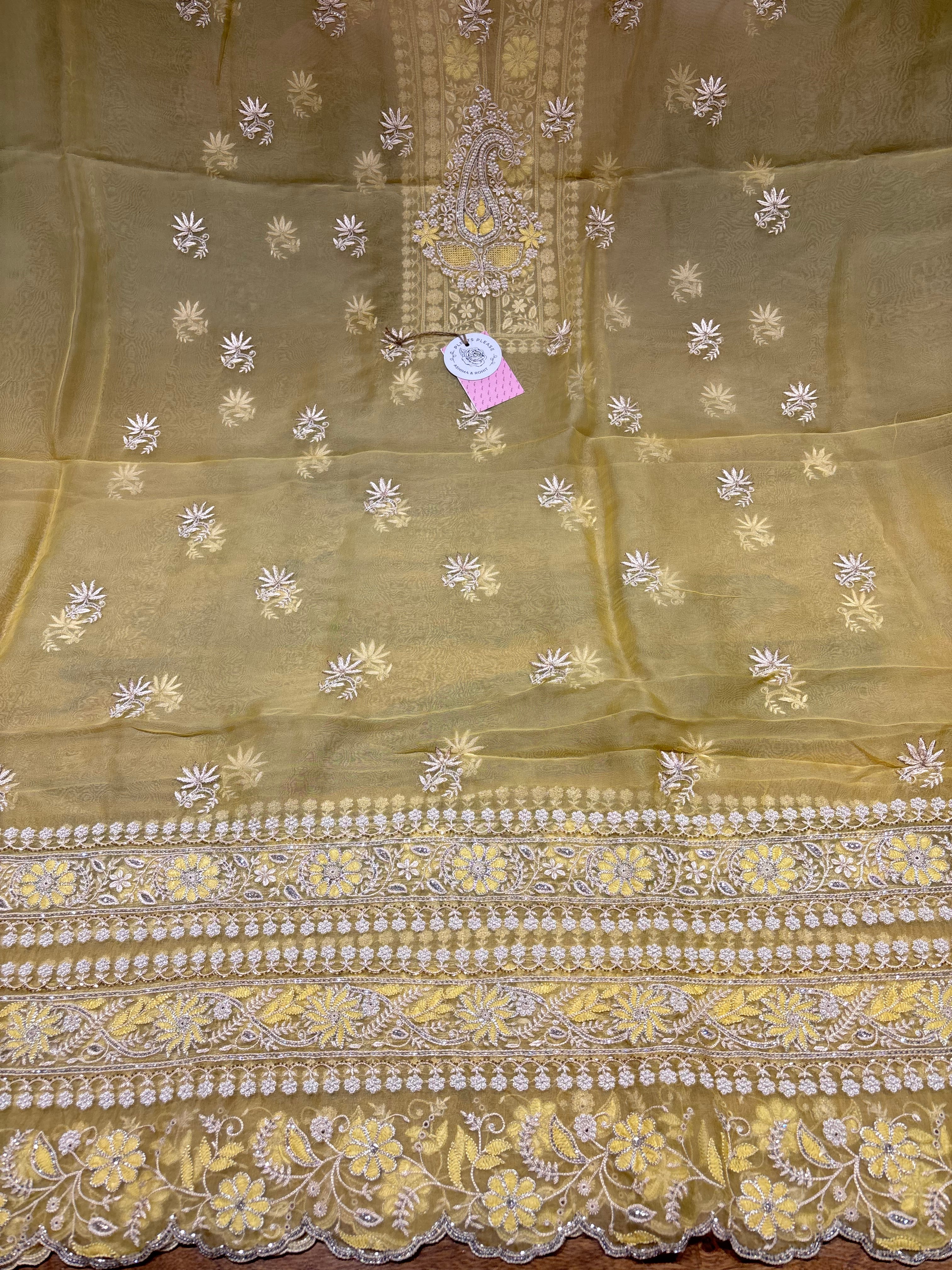 Yellow Pure & Premium Organza Silk Chikankari Kurta & Dupatta Fabric
