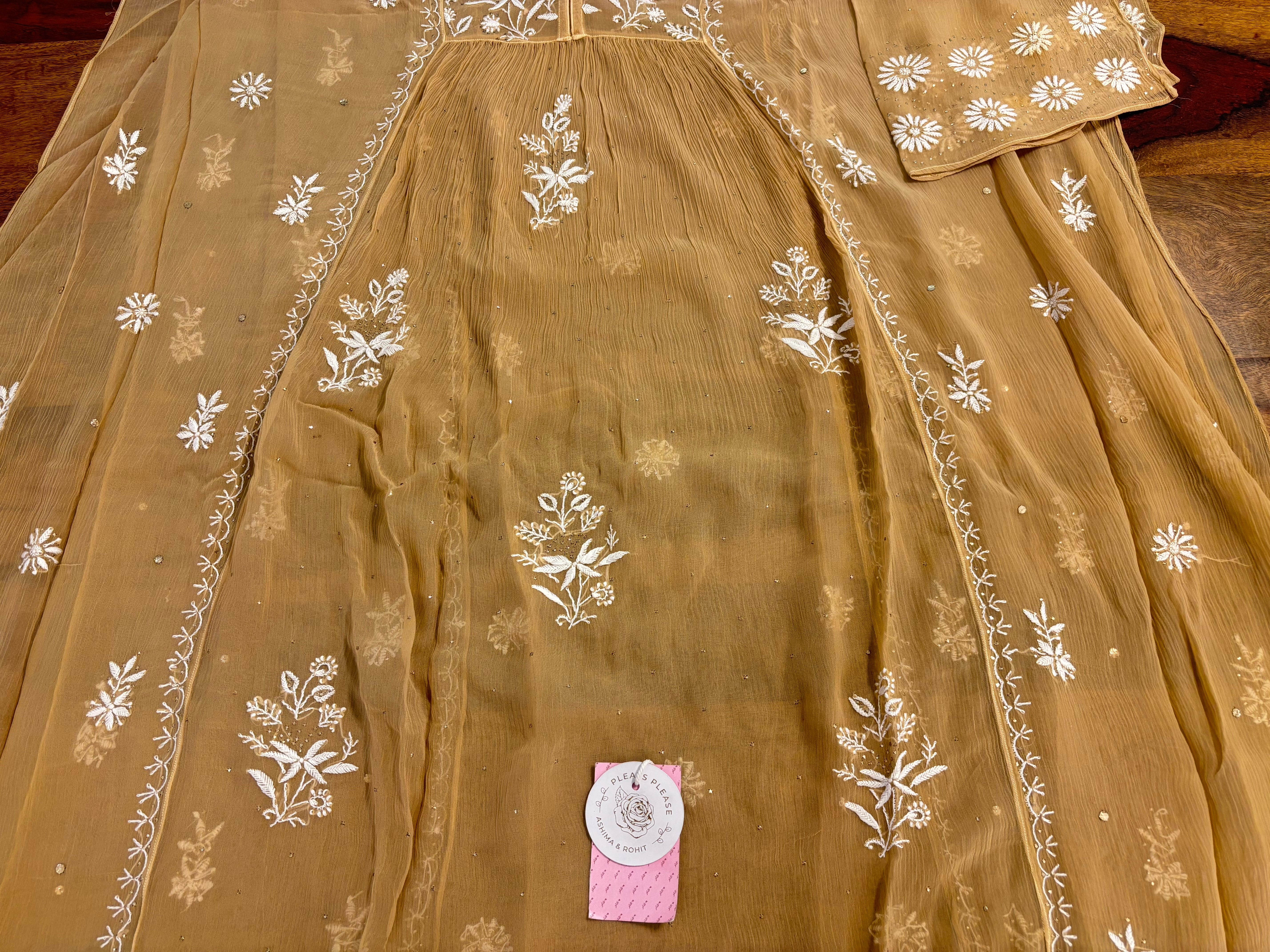 Beige-Gold Pure Chiffon Front Tucks Mukaish & Chikankari Kurta