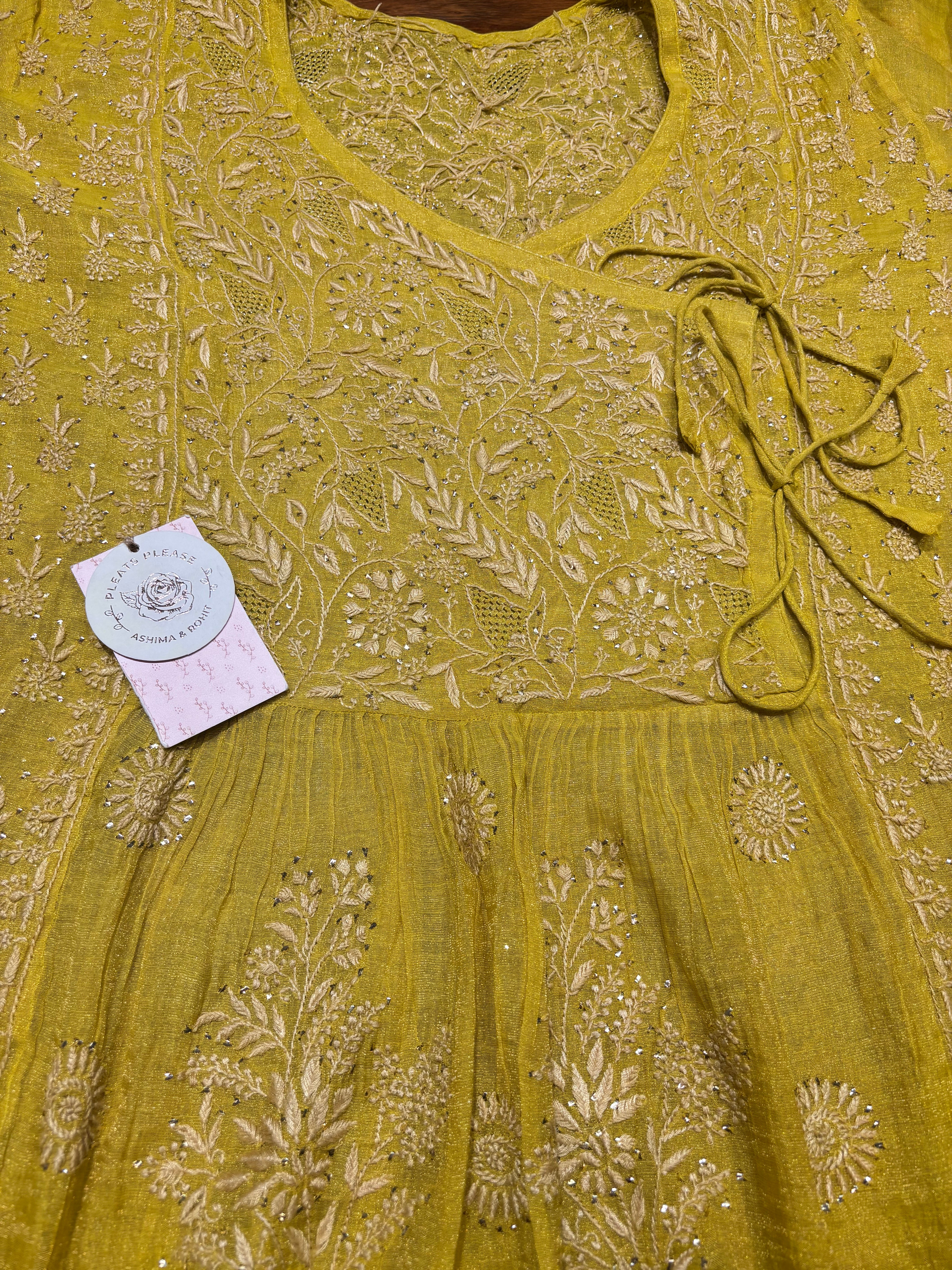 Yellow Pure and Premium Tissue Chikankari & Mukaish Angrakha and Dupatta Set