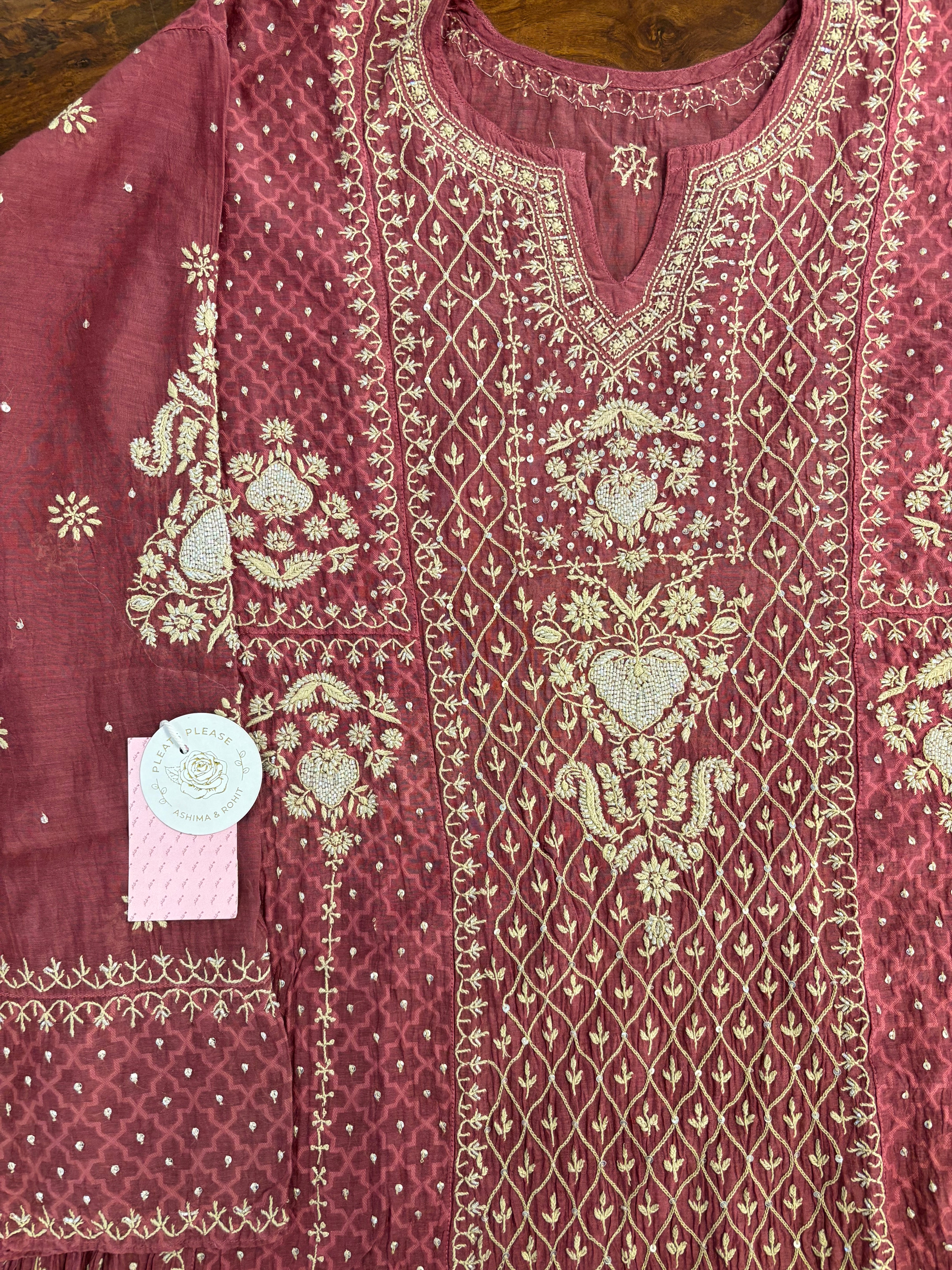 Maroon Chanderi Mul Chikankari Anarkali & Dupatta Set