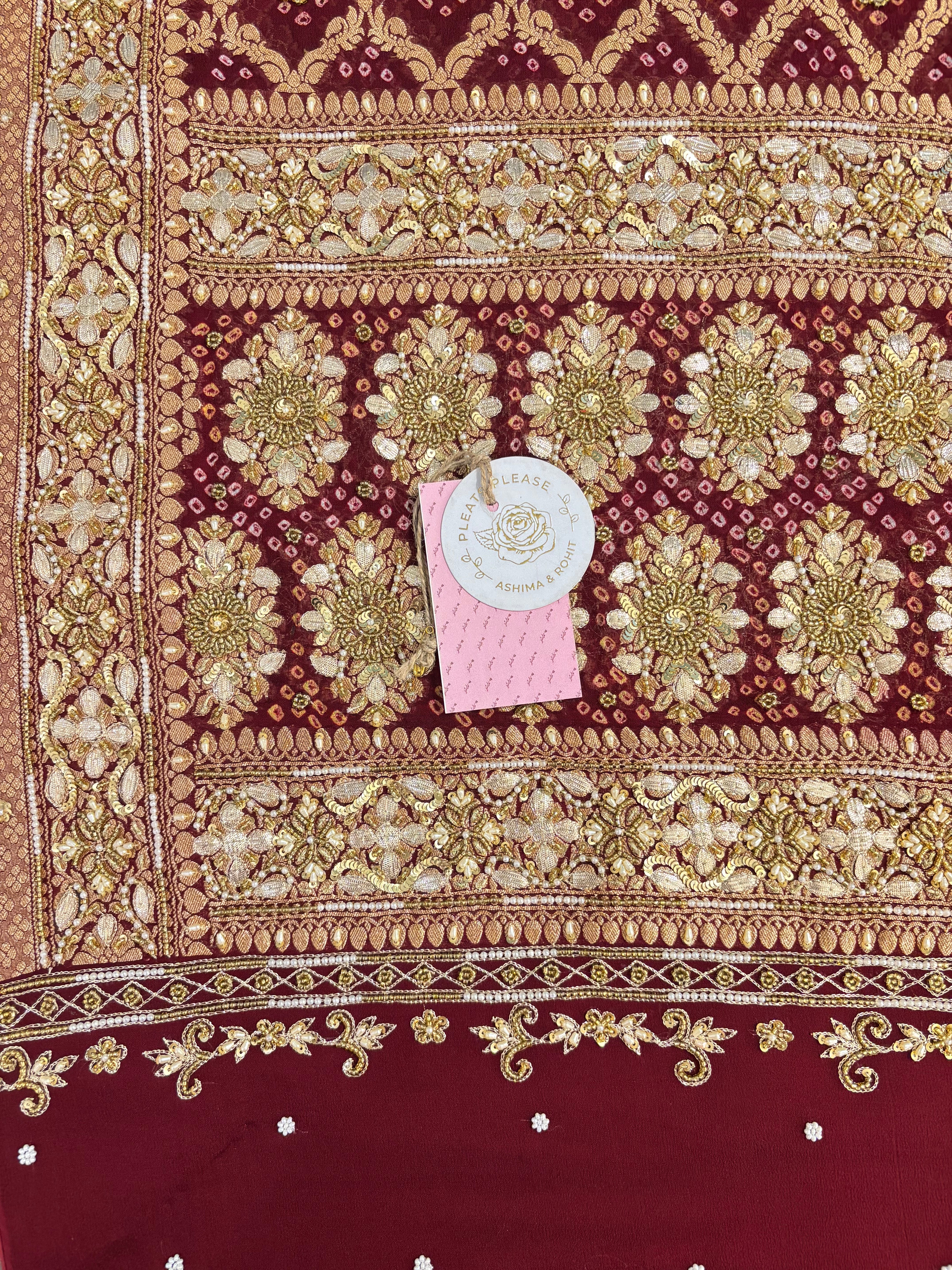 Maroon Pure Georgette Gota Patti Bandhej Zardozi Dupatta