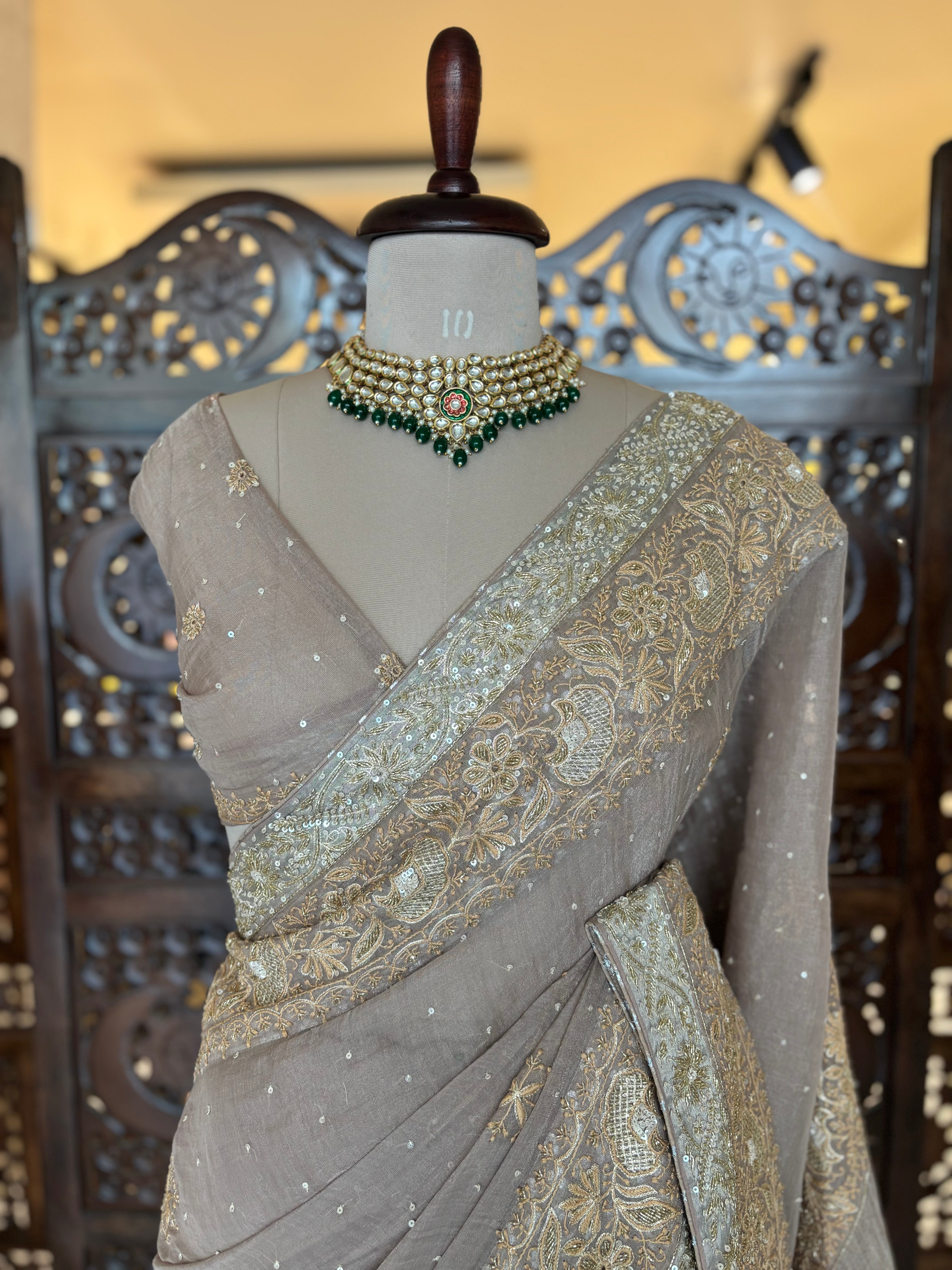 Antique Rose Gold Pure & Premium Tissue Chikankari Saree