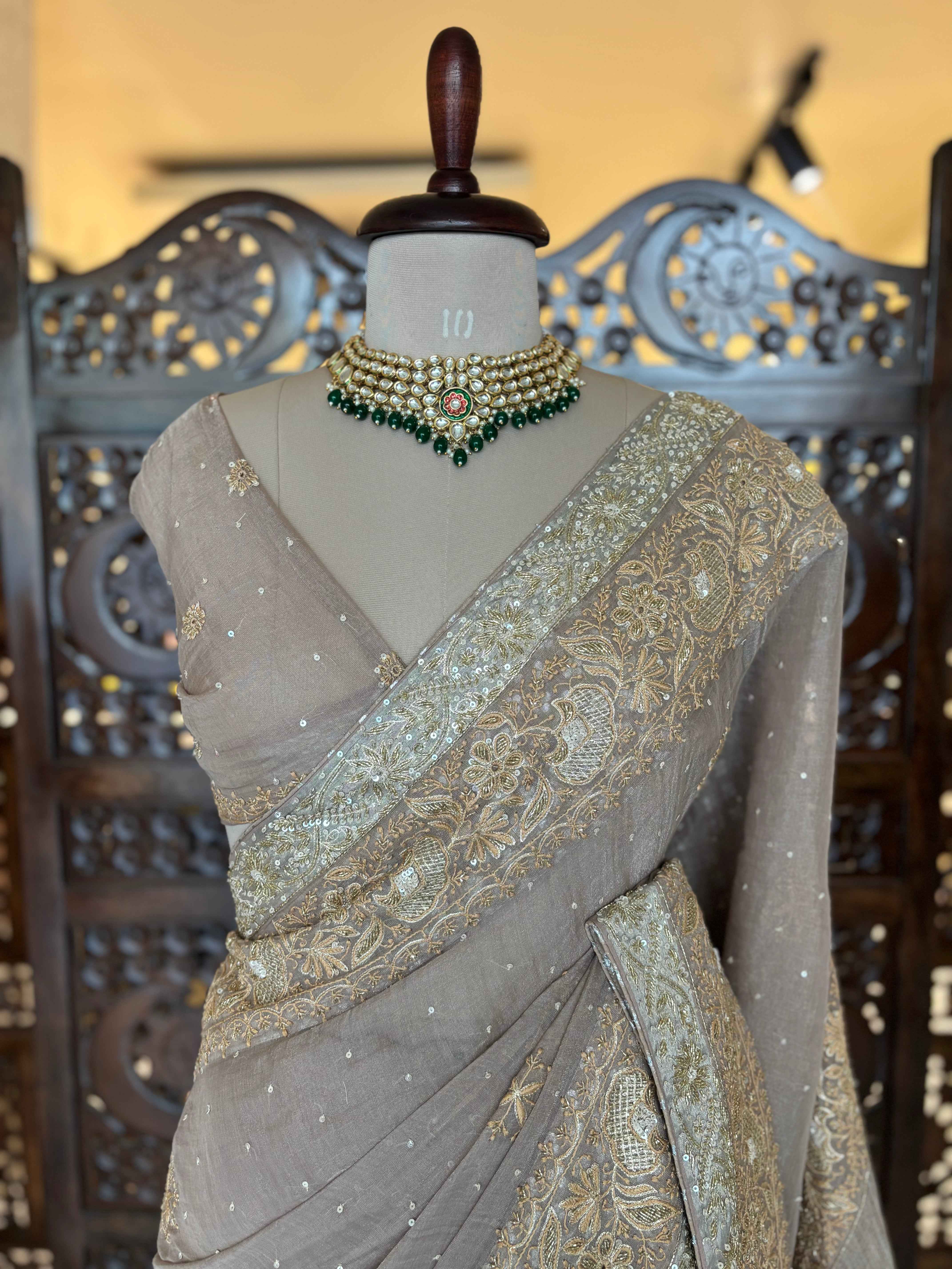 Antique Rose Gold Pure & Premium Tissue Chikankari Saree