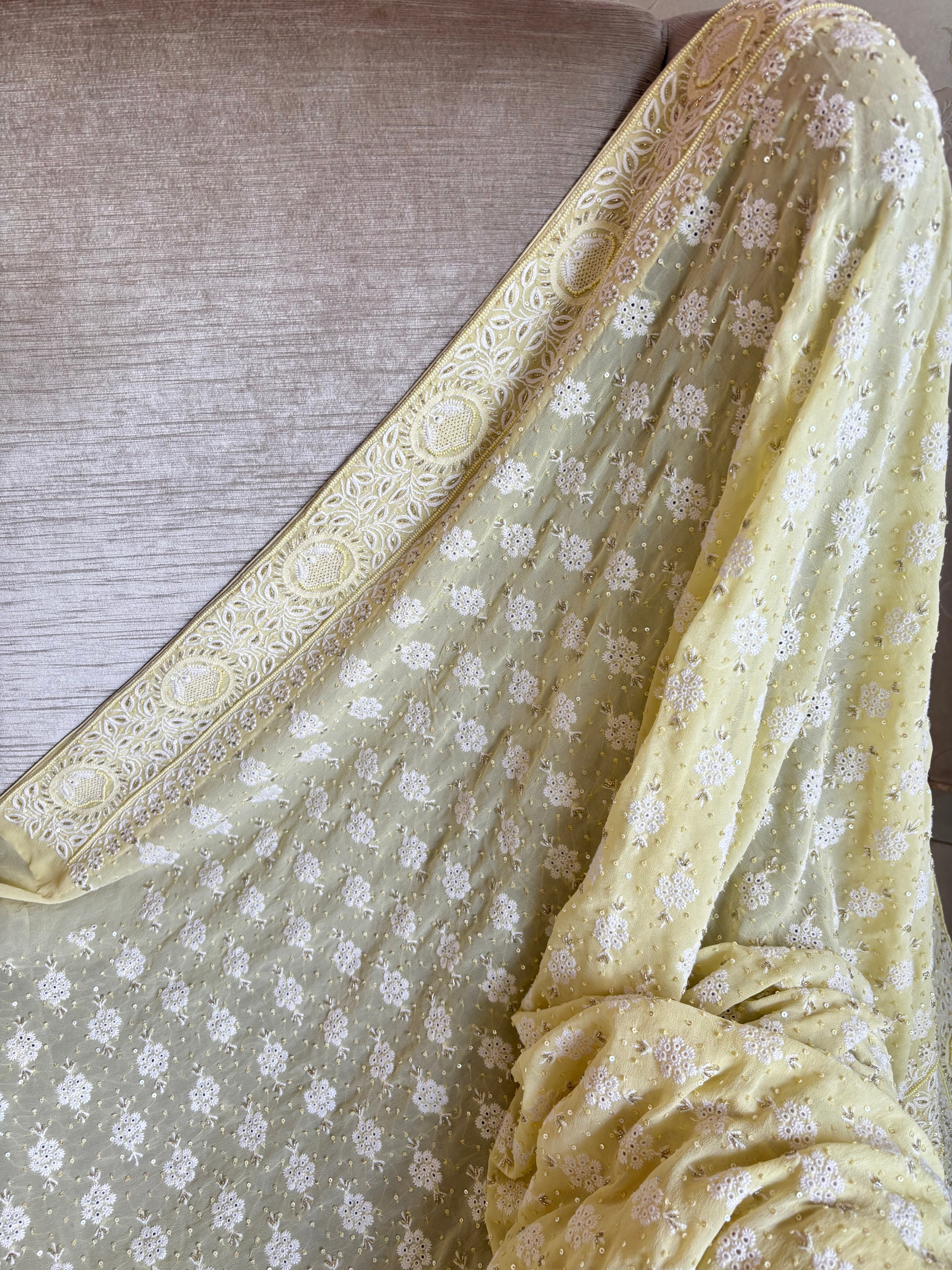 Lime Yellow Pure Georgette Chikankari saree and Blouse