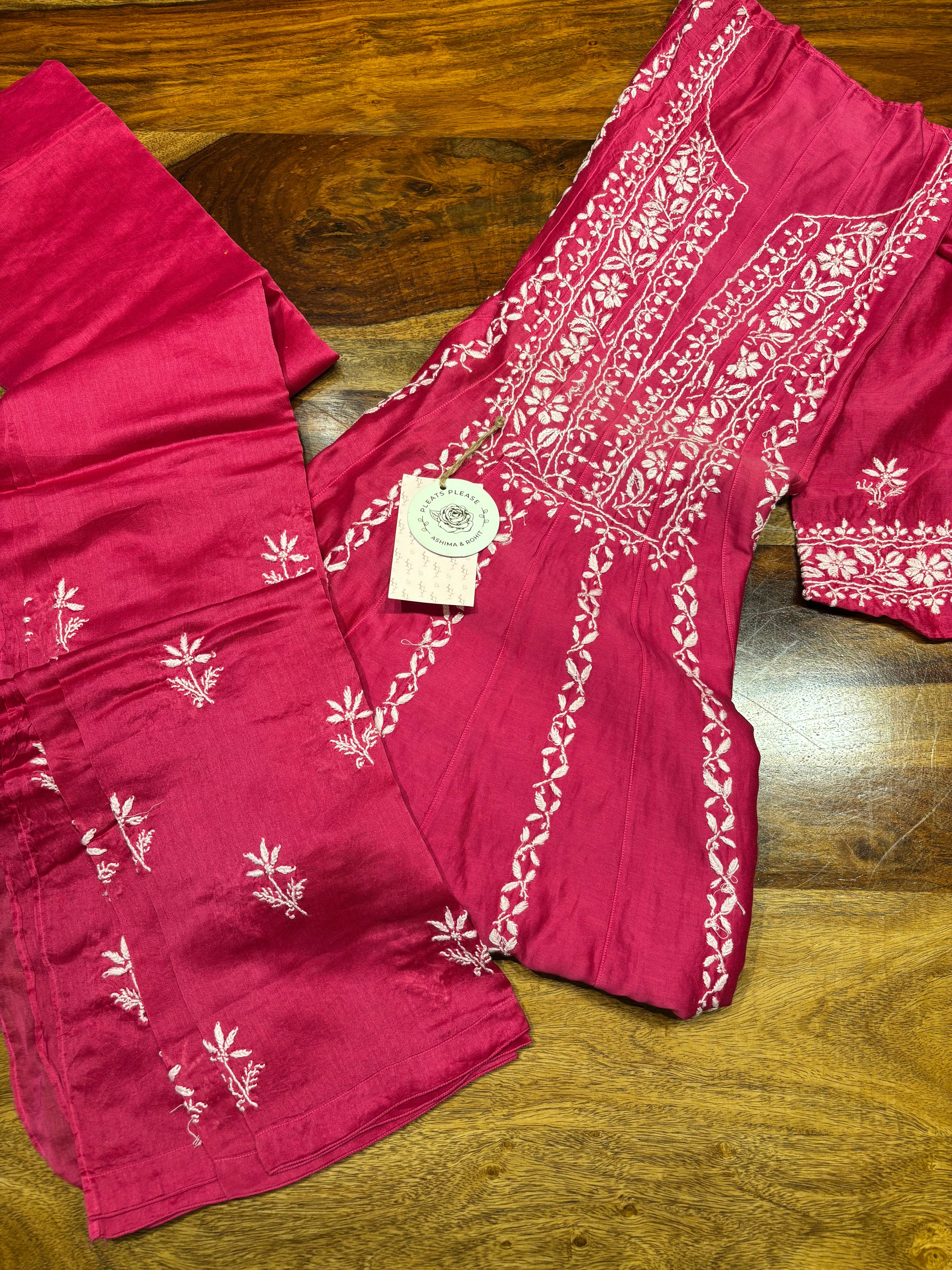 Fuchsia Pink Chanderi Silk Chikankari Co-ord Set