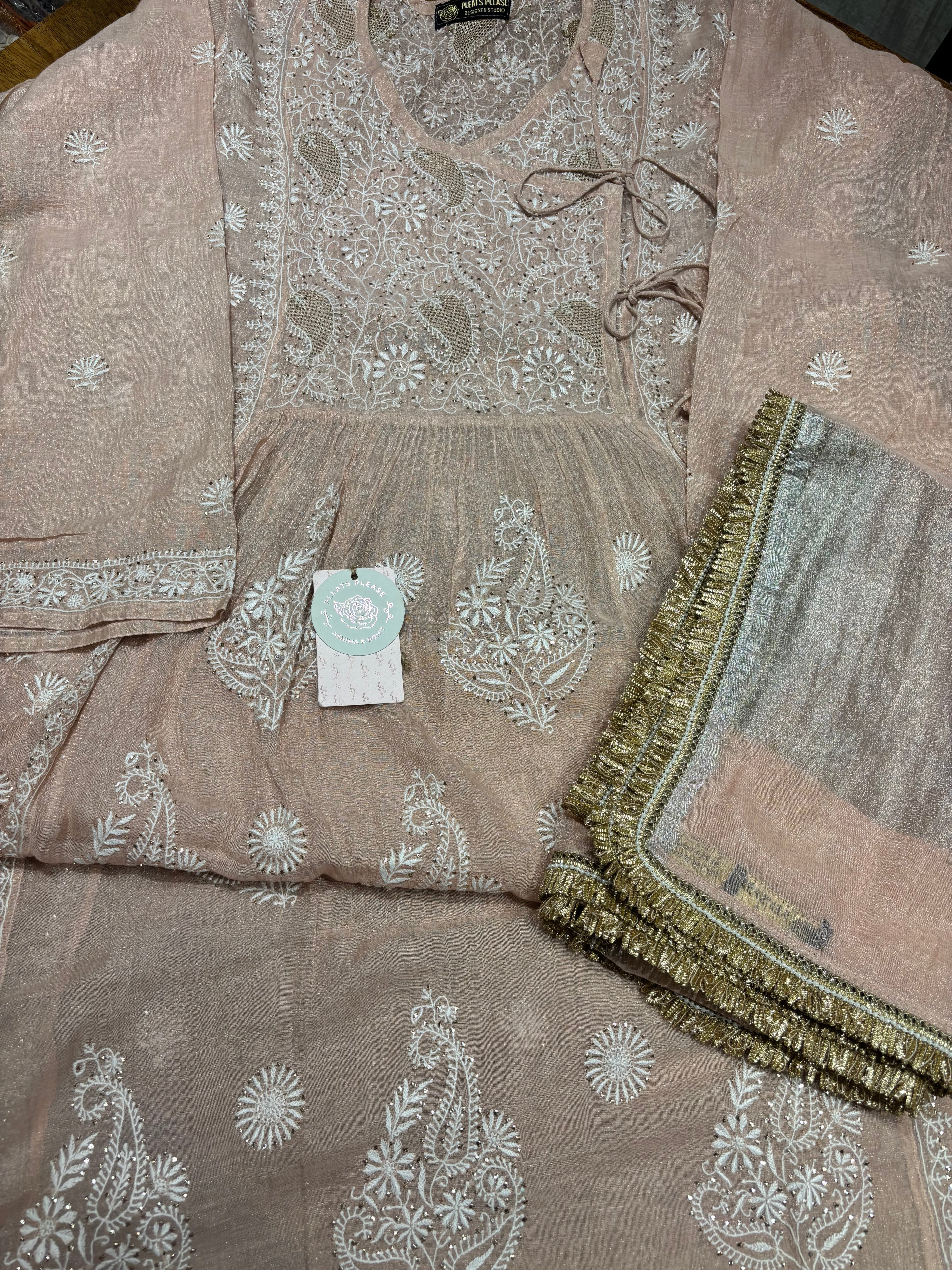Peach Pure & Premium Tissue Chikankari Angrakha Kurta & Dupatta Set
