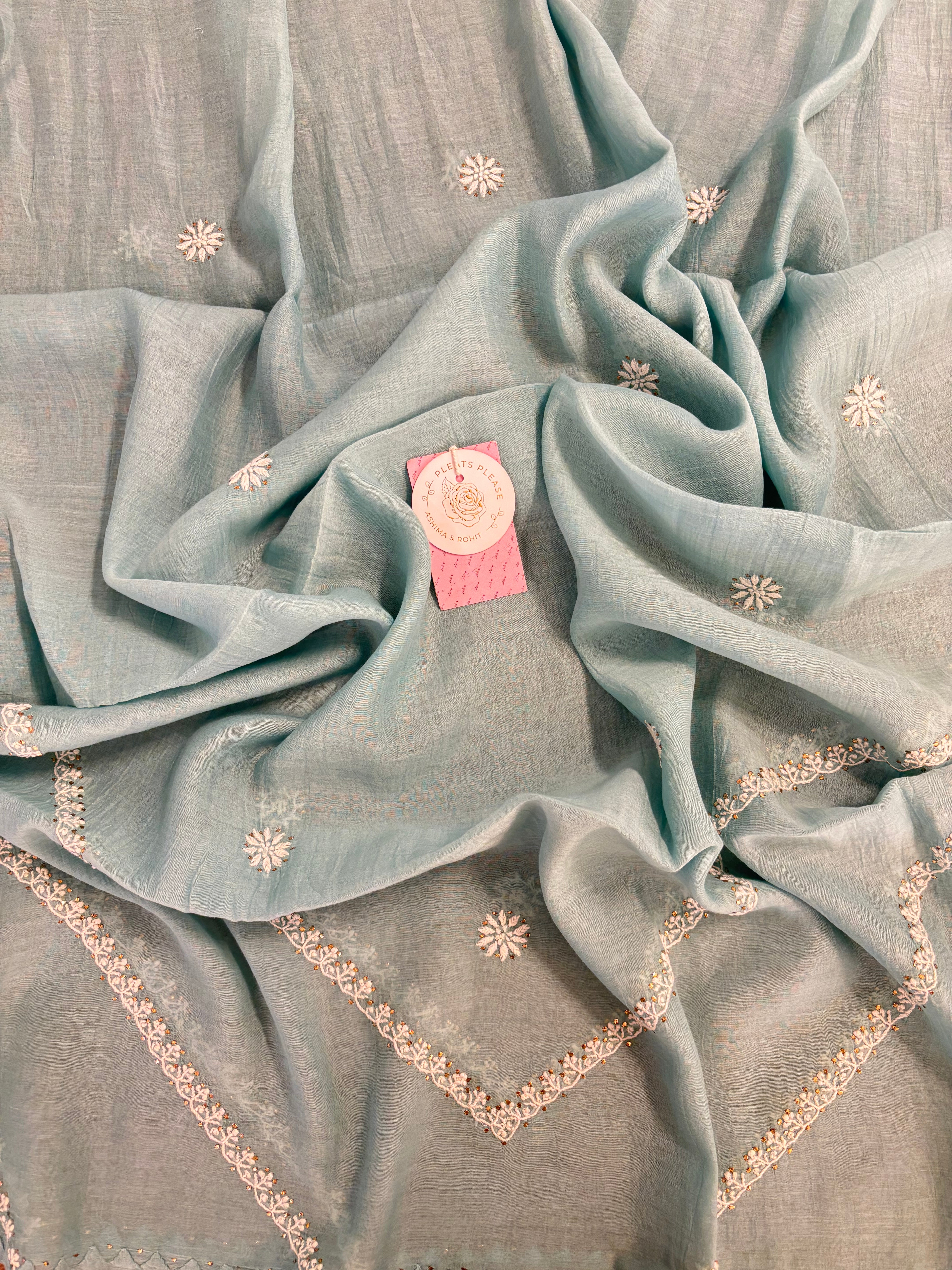 Aqua Blue Chanderi Mul Mukaish & Chikankari Kurta & Dupatta