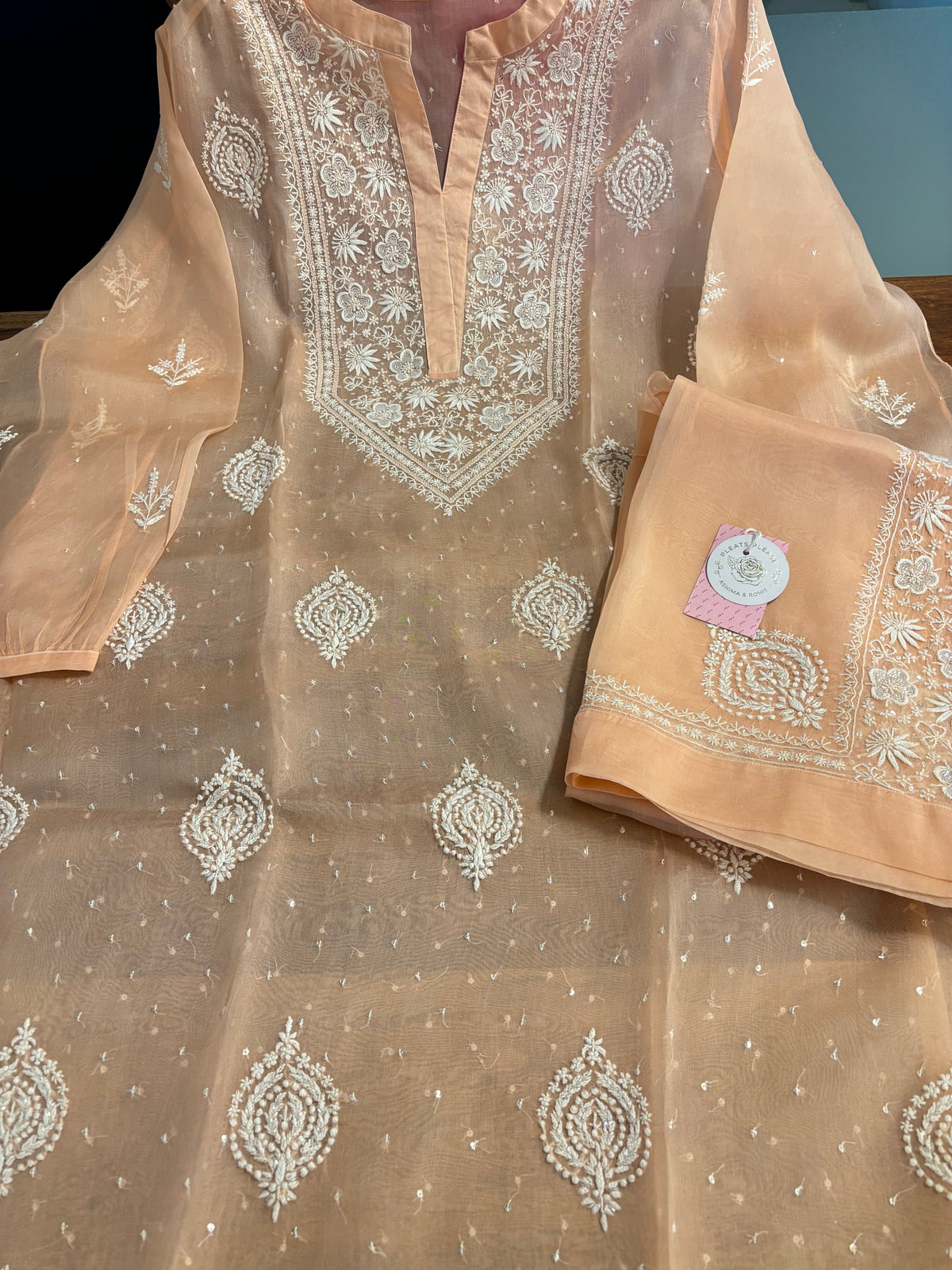 Peach Pure Organza Chikankari Co-ord Set - Pleats PleaseChikankari