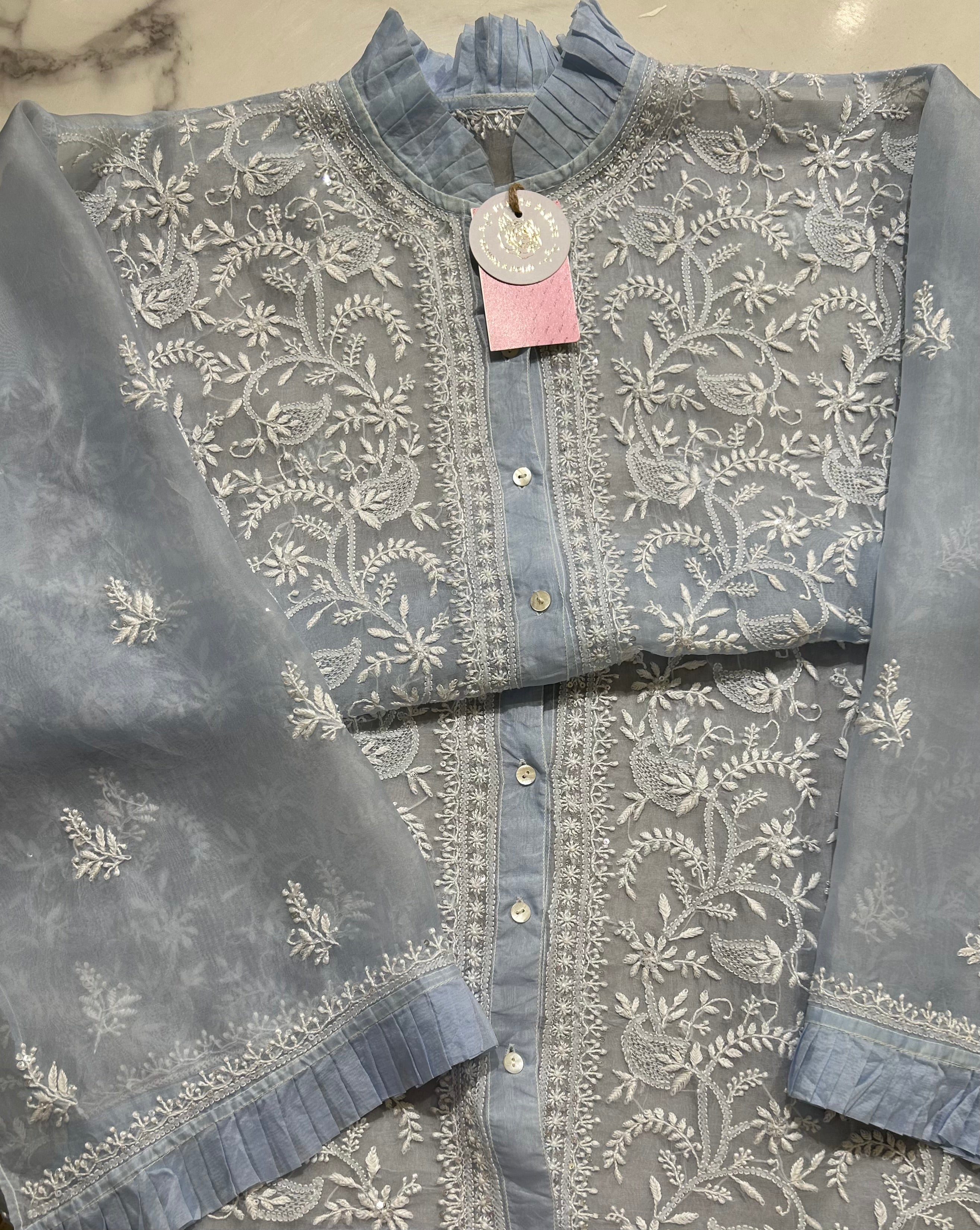 Powder Blue Pure Organza Chikankari Shirt - Pleats PleaseChikankari