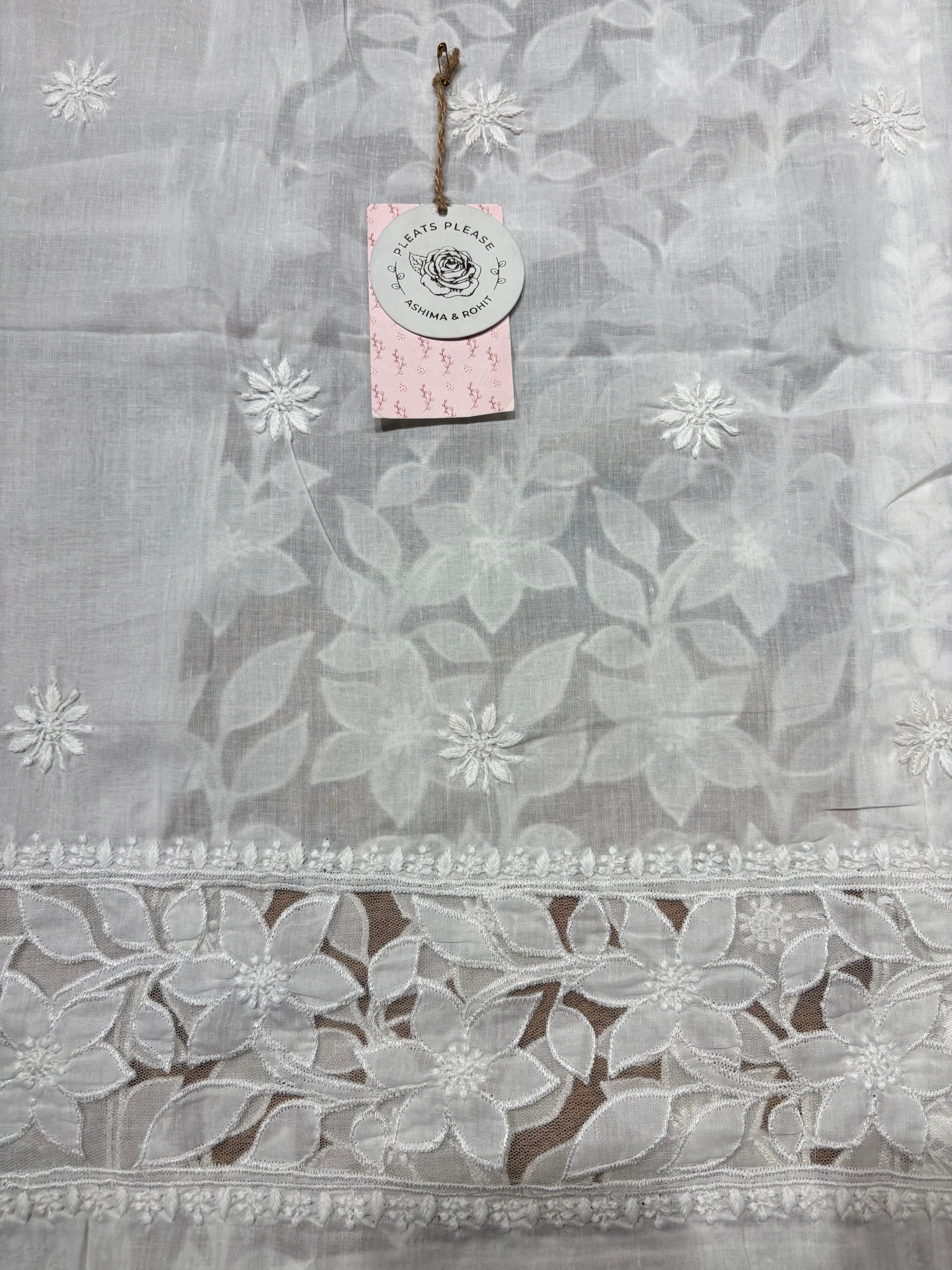 White Mulmul Soft Net Chikankari Applique Kurta And Dupatta Fabric