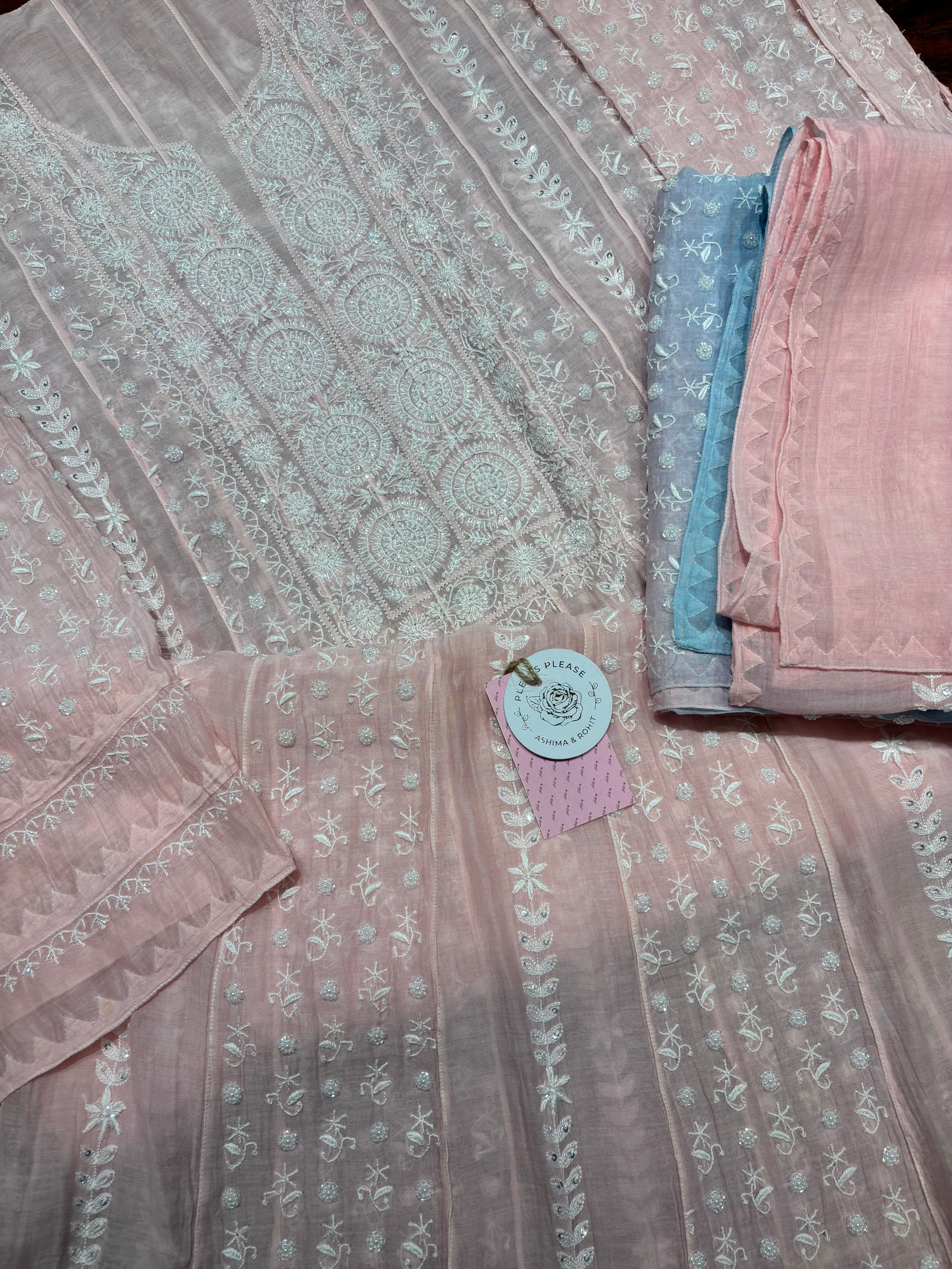 Pink Chanderi mul Chikankari Anarkali And Dupatta set