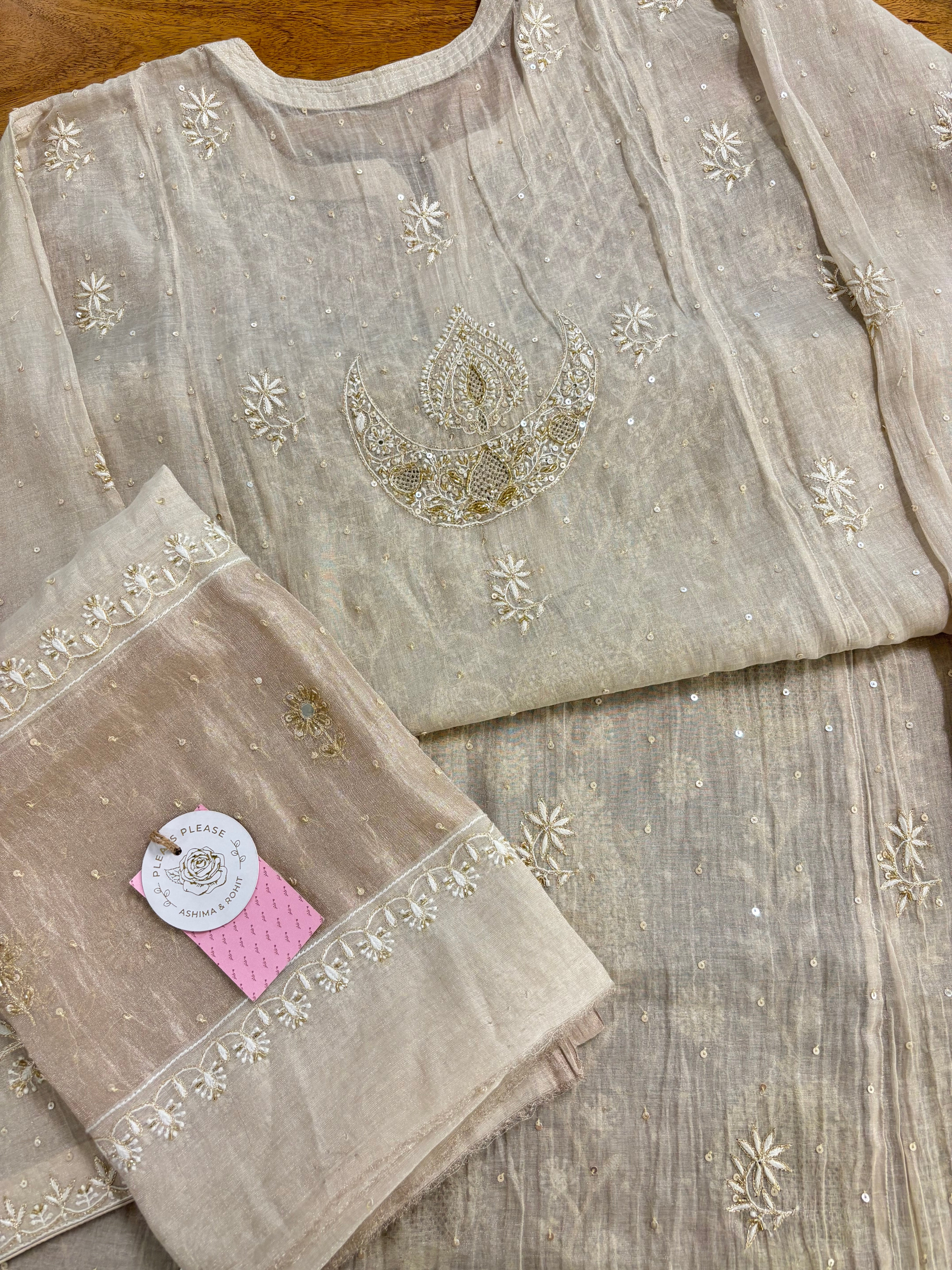 Dyeable Ivory Silver Pure & Premium Tissue Chikankari Kurta & Dupatta