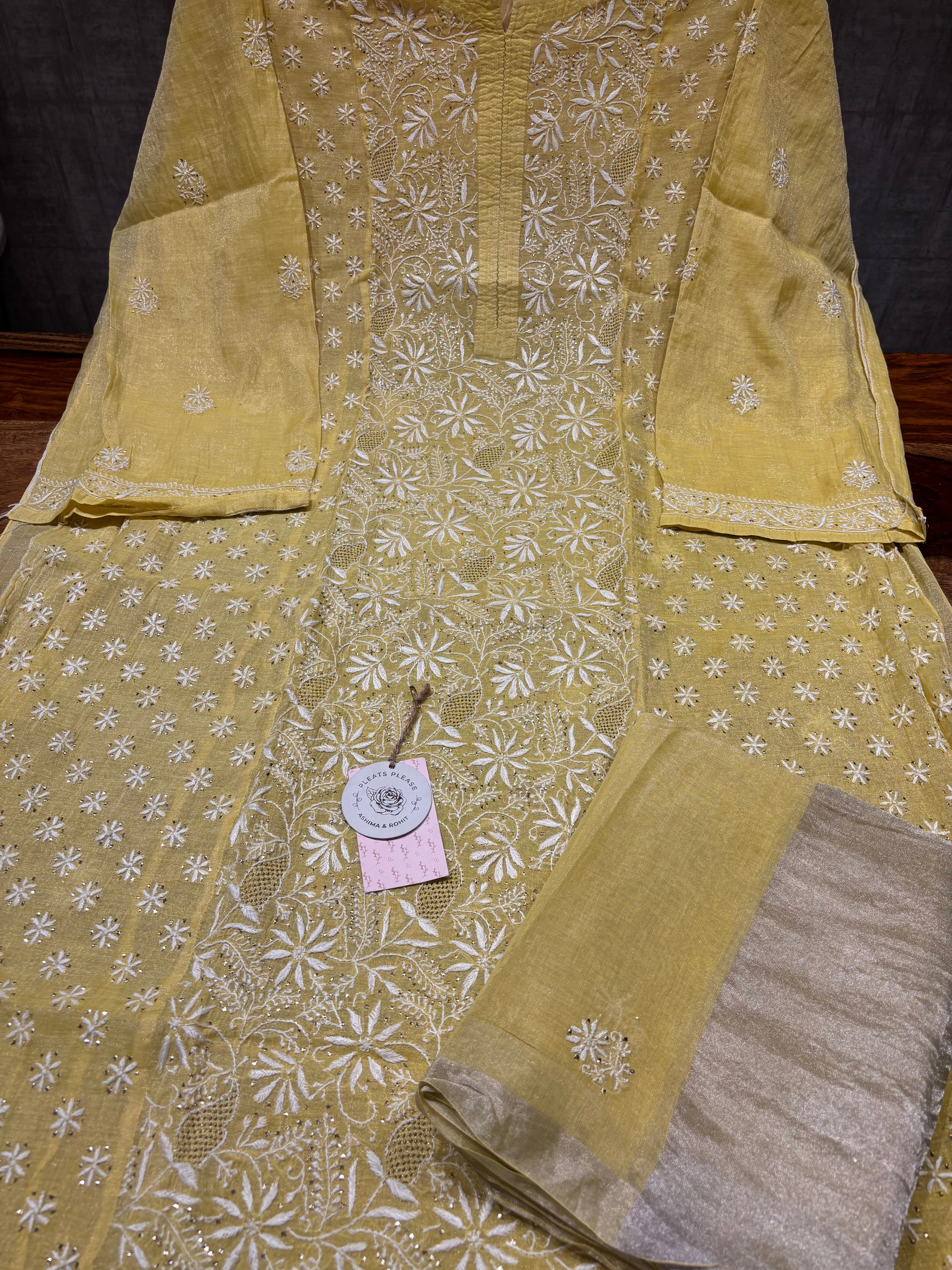 Lime yellow Pure Tissue Chikankari Kurta and Dupatta set