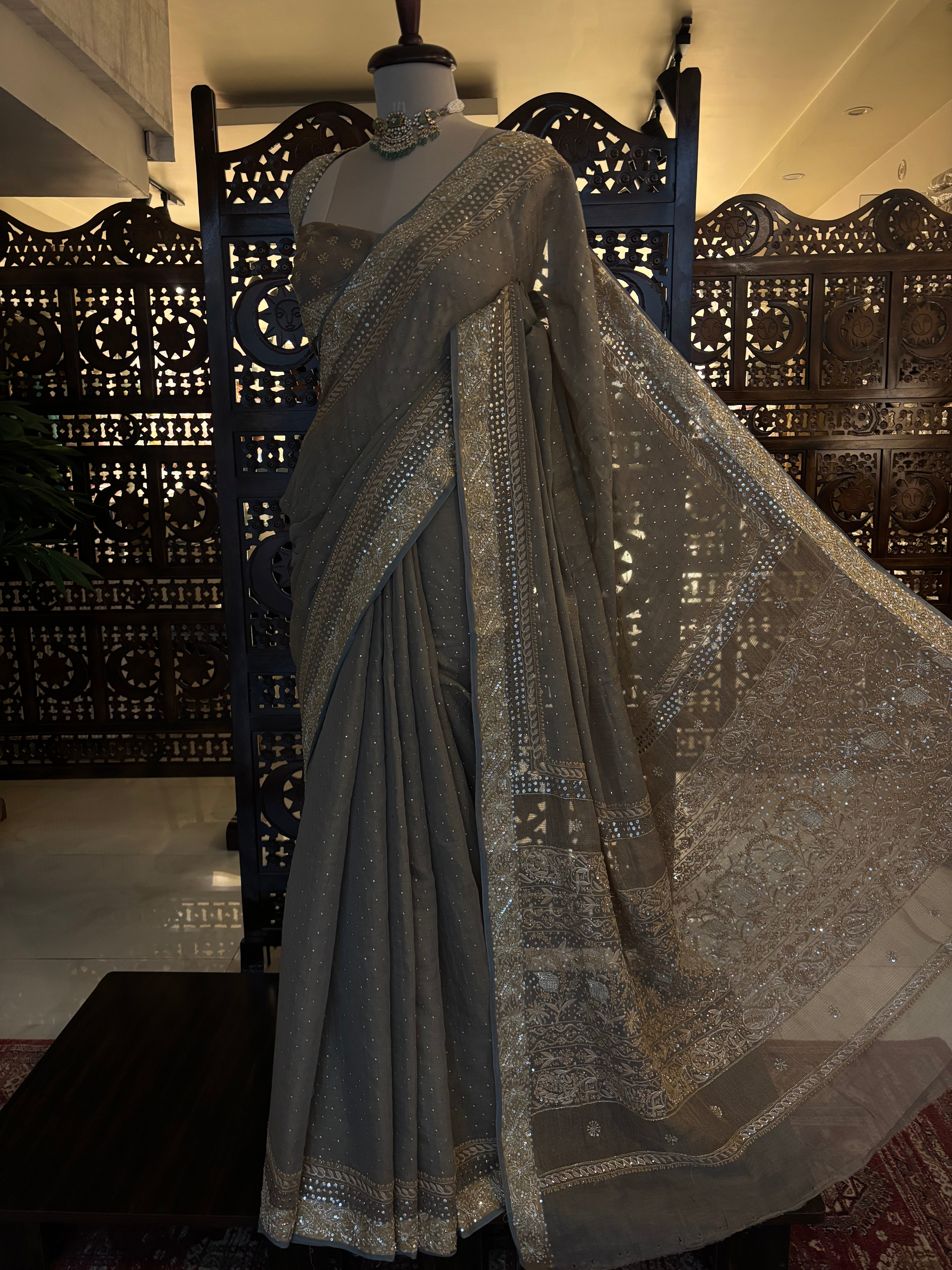 Sandrift Pure & Premium Tissue Mukaish Chikankari Saree
