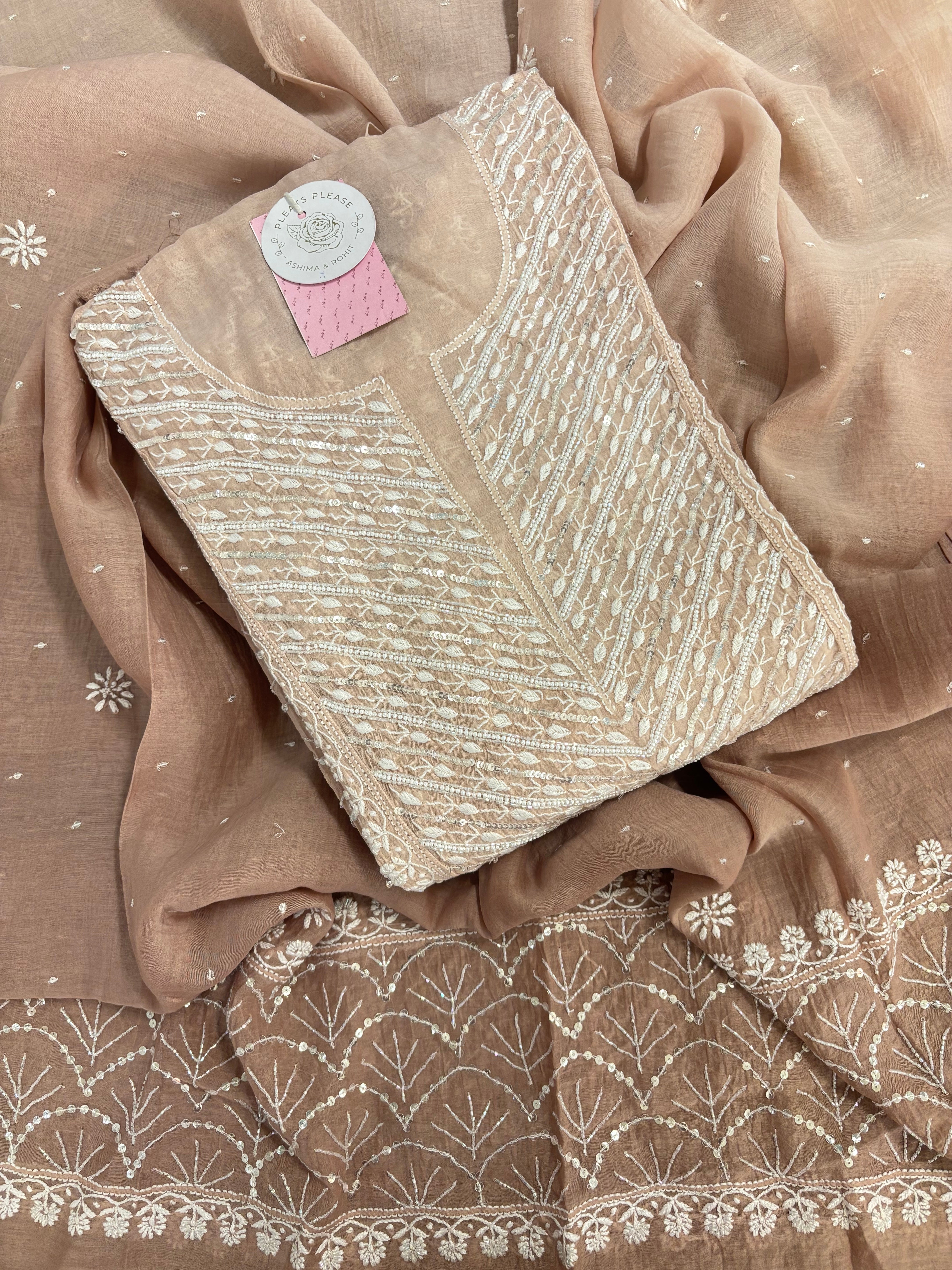 Rosewood Taupe Ombré Chanderi Mul Chikankari Anarkali & Dupatta Set