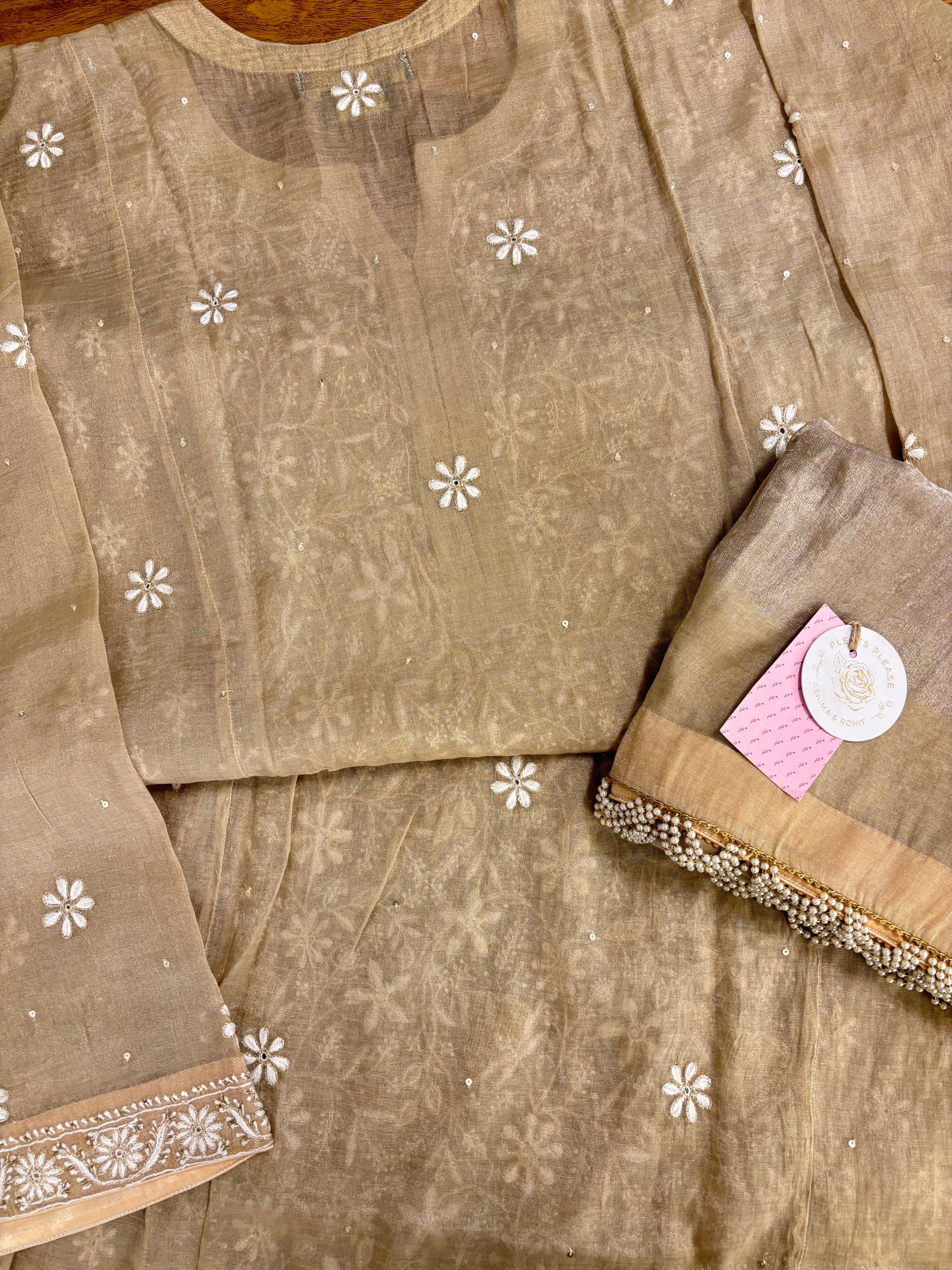 Beige Pure Tissue Chikankari Kurta & Dupatta