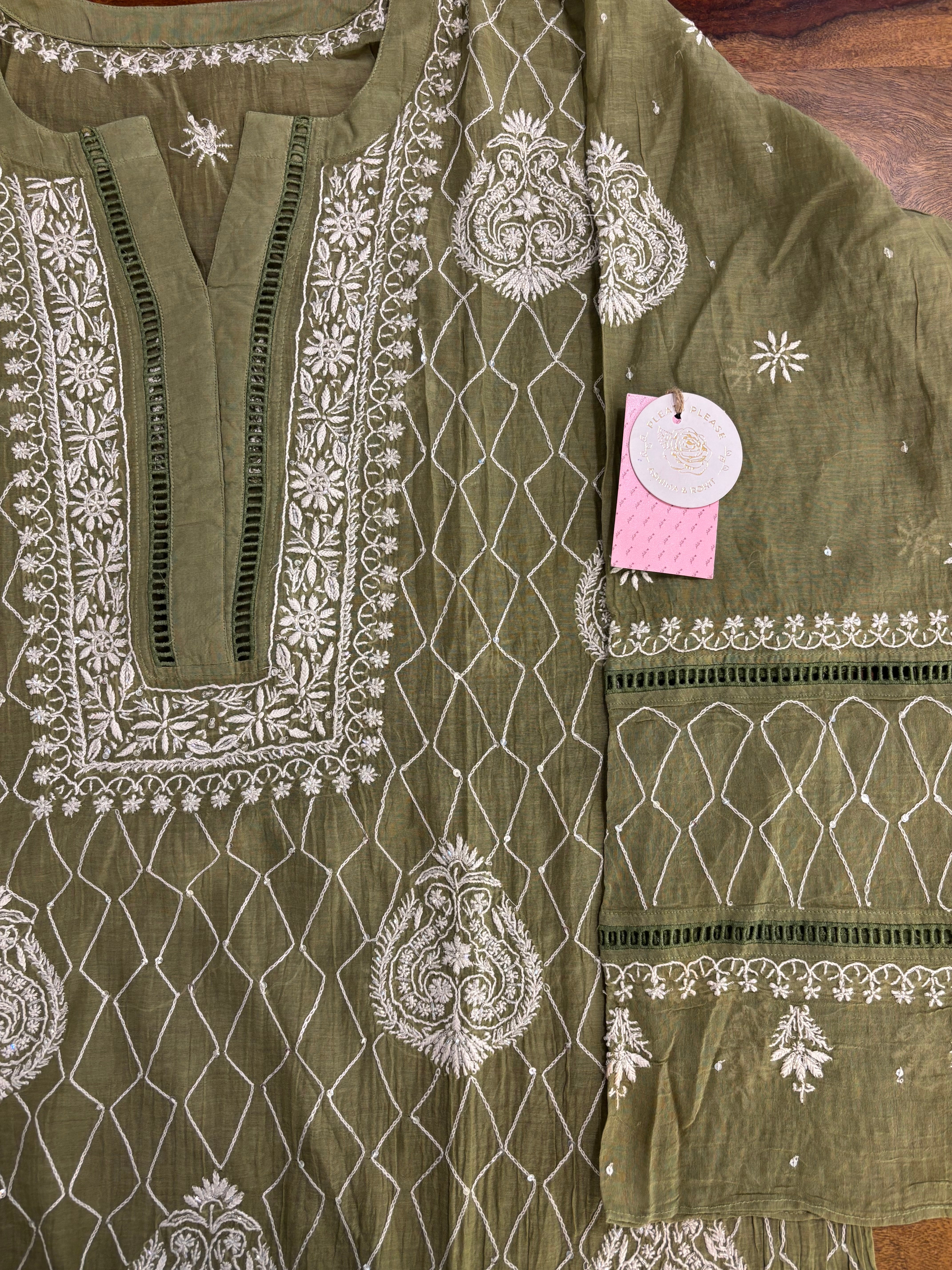 Olive Green Chanderi Mul Chikankari Kurta & Dupatta