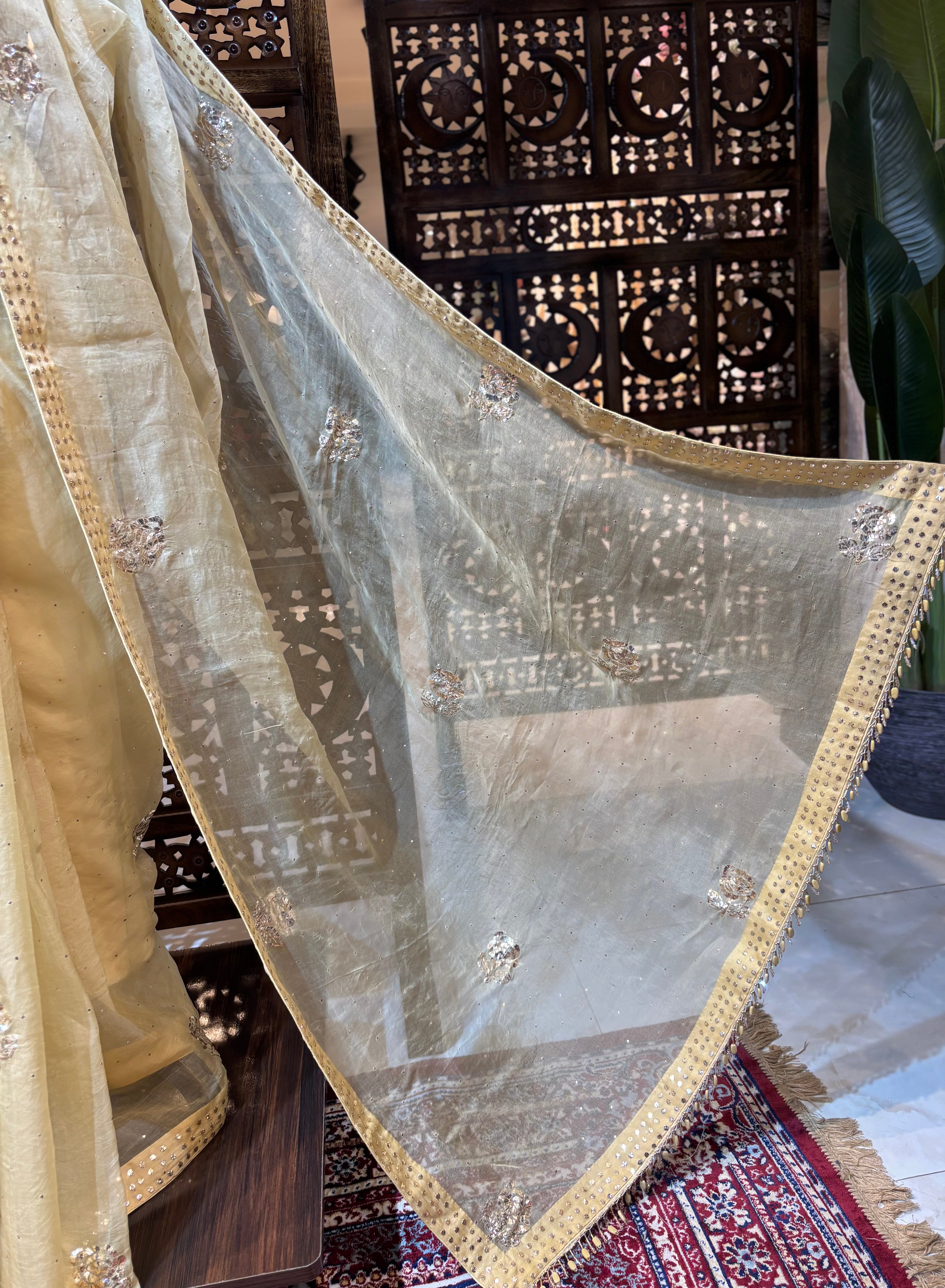 Beige Gold Organza Silk Badla Saree