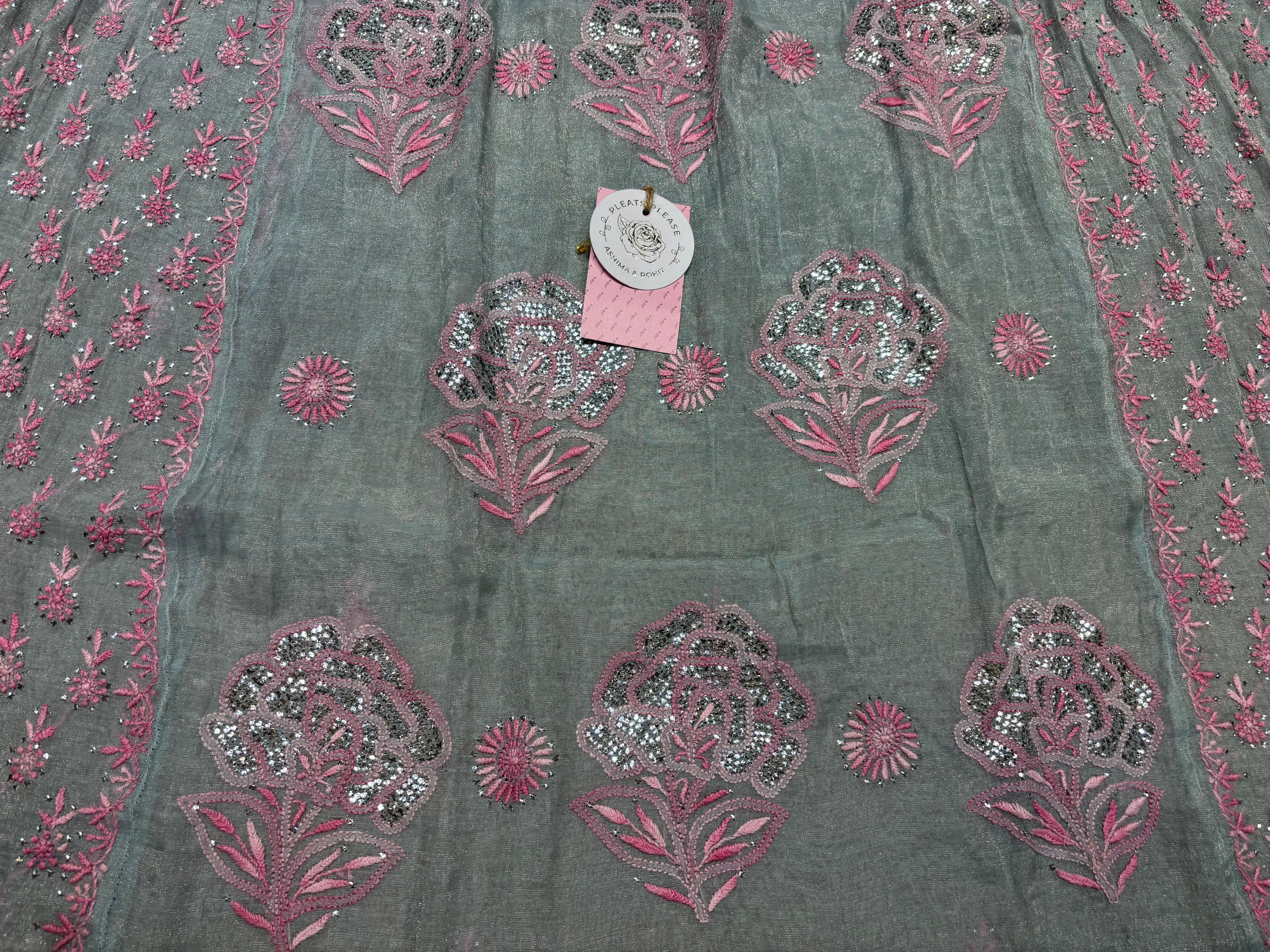 Powder Blue Pure and Premium Tissue Chikankari &Mukaish Angrakha Kurta and Dupatta Set