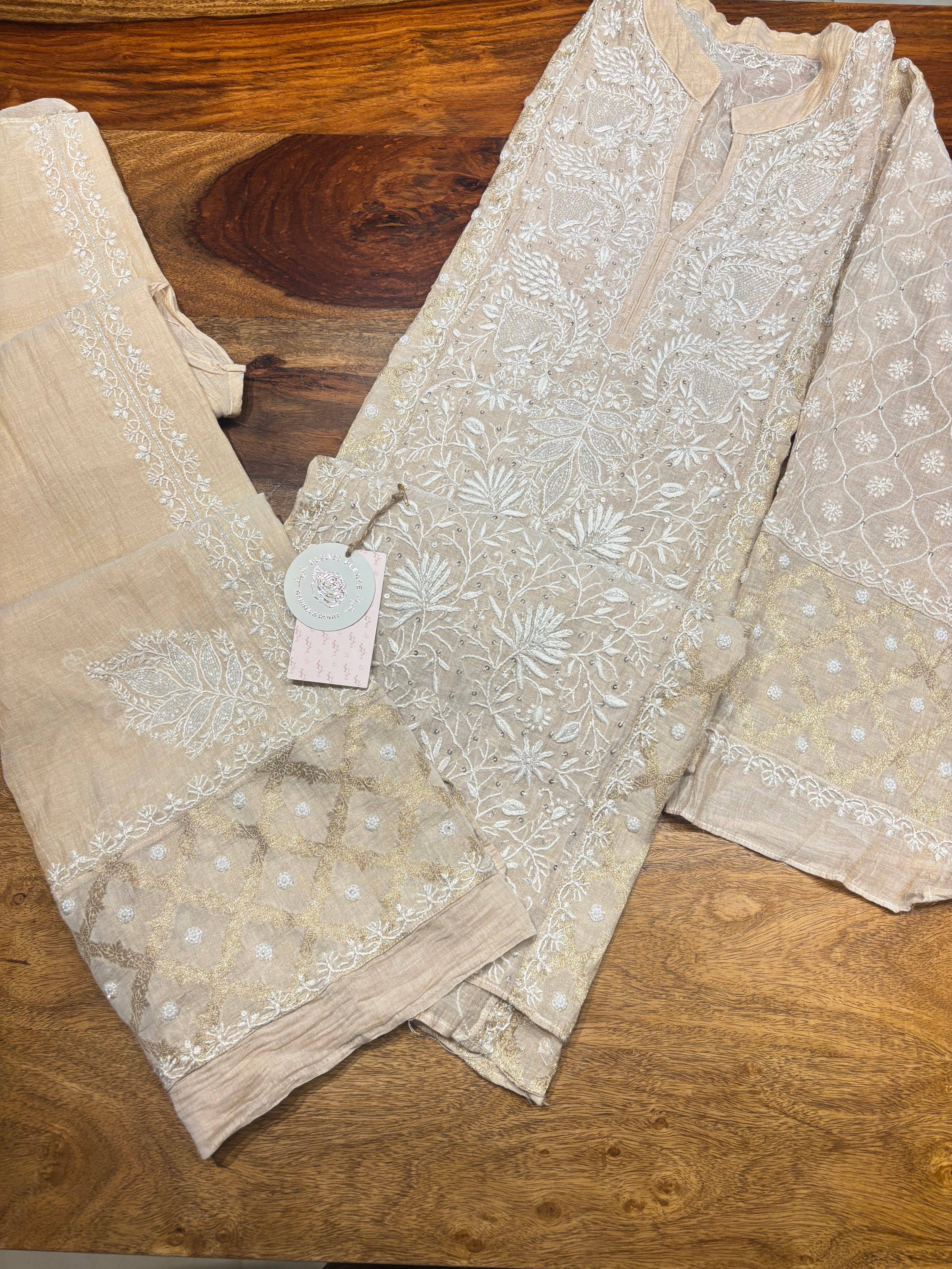 Natural Pure Tissue Chikankari Co-ord Set