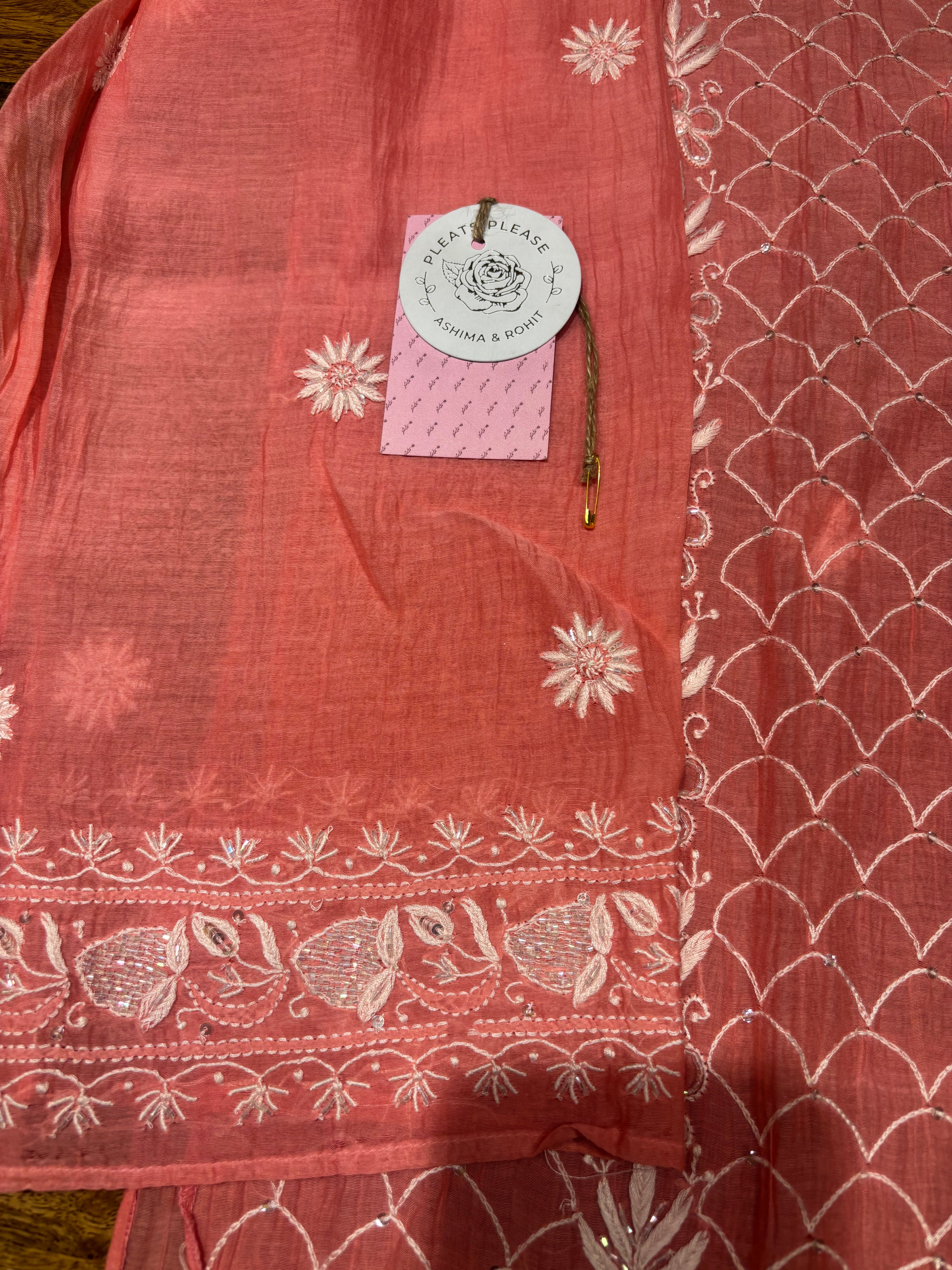 Coral Pink Chanderi Mul Chikankari Kurta & Dupatta Set